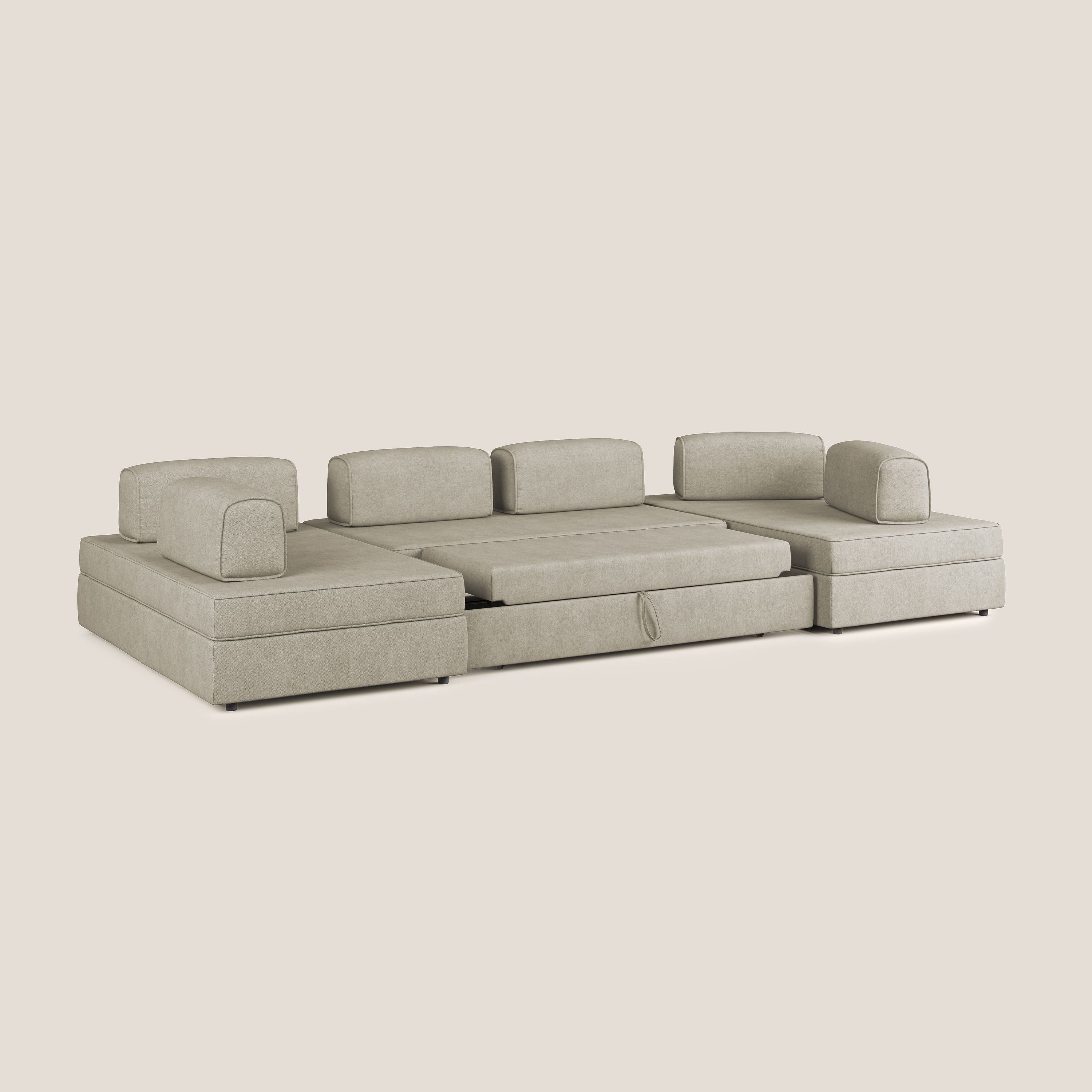 Liberty divano panoramico con pouf estraibile e schienali movibili in tessuto morbido impermeabile T02 panna - divani.store