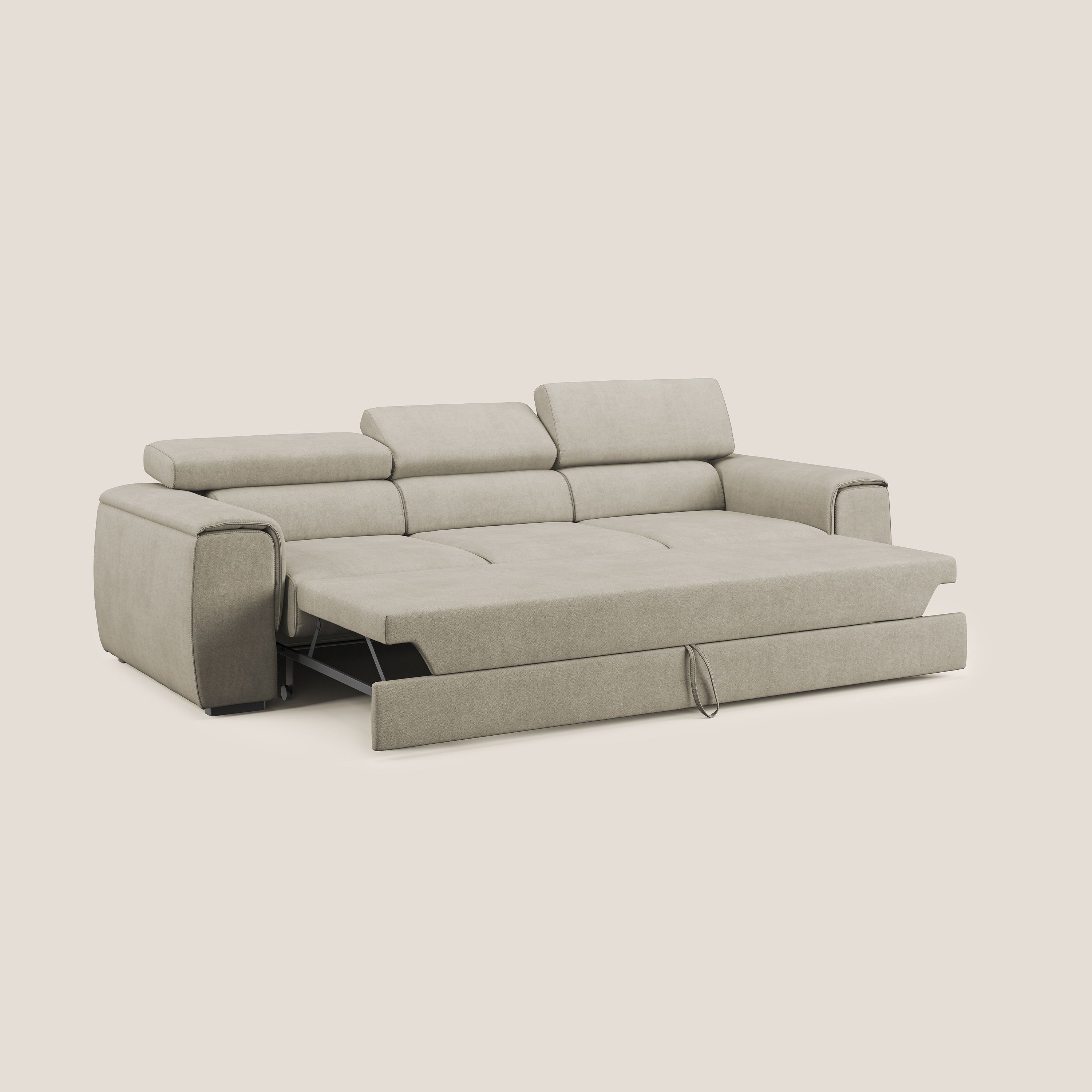 Zeno Divano con pouf estraibile poggiapiedi a 3 sedute in tessuto morbido impermeabile T02 panna - divani.store