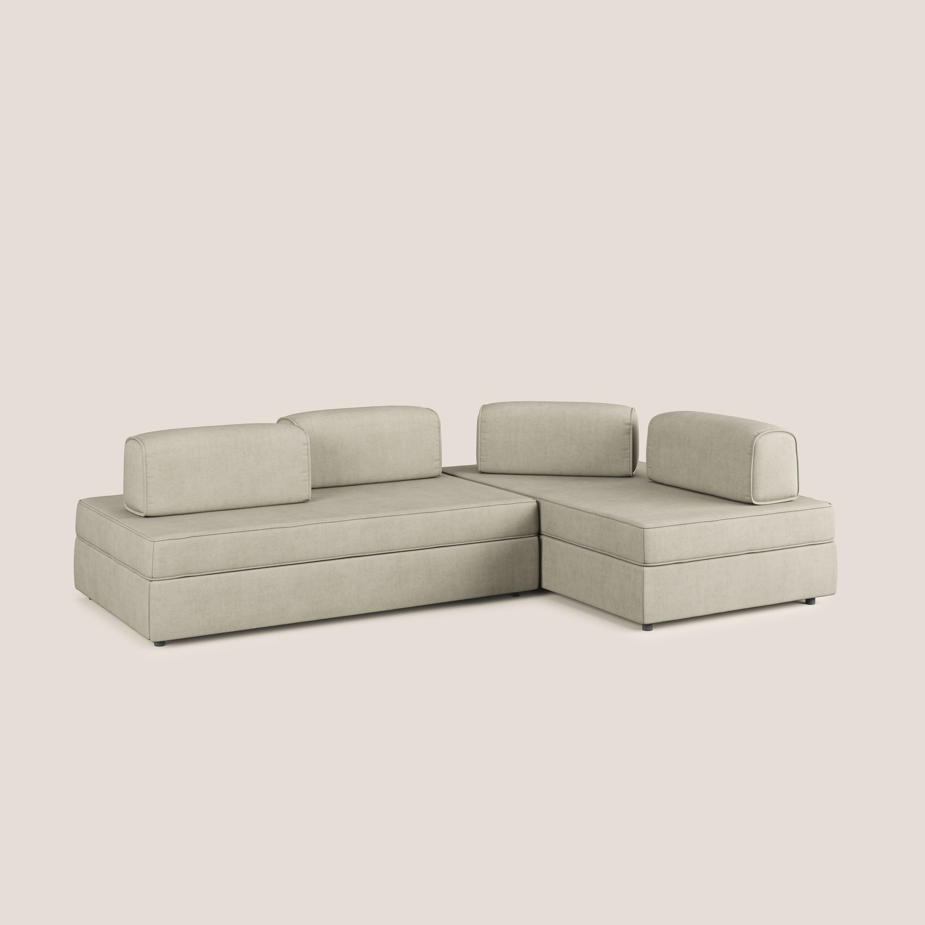 Liberty divano angolare con pouf estraibile e schienali movibili in tessuto morbido impermeabile T02 panna - divani.store
