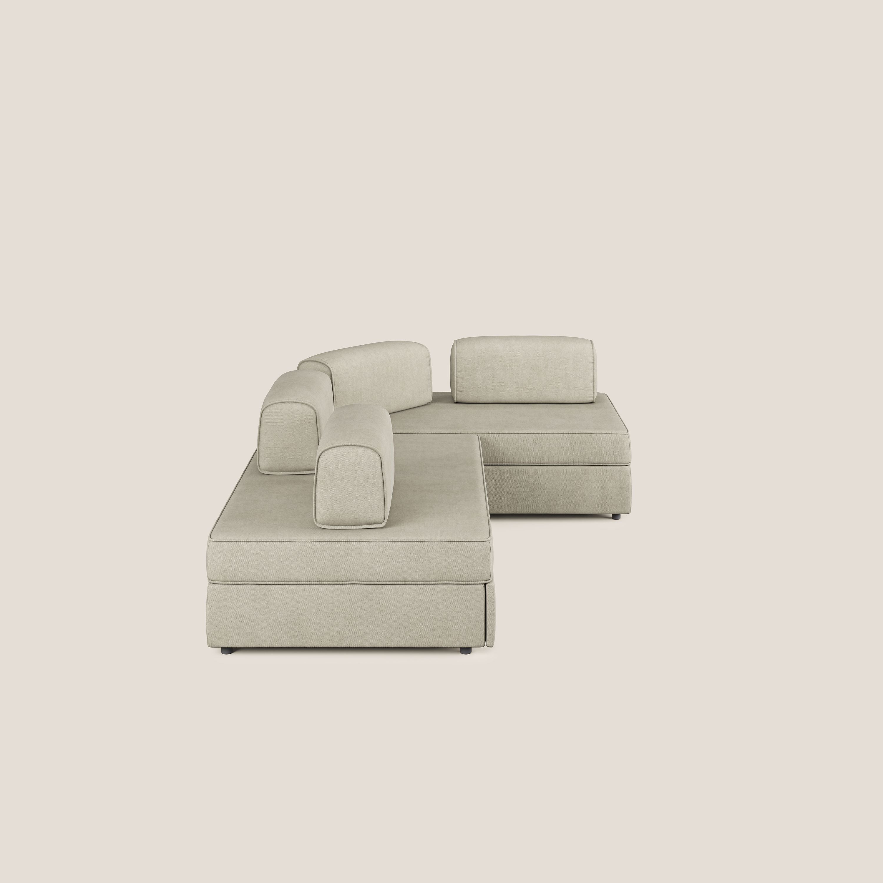 Liberty divano angolare con pouf estraibile e schienali movibili in tessuto morbido impermeabile T02 panna - divani.store
