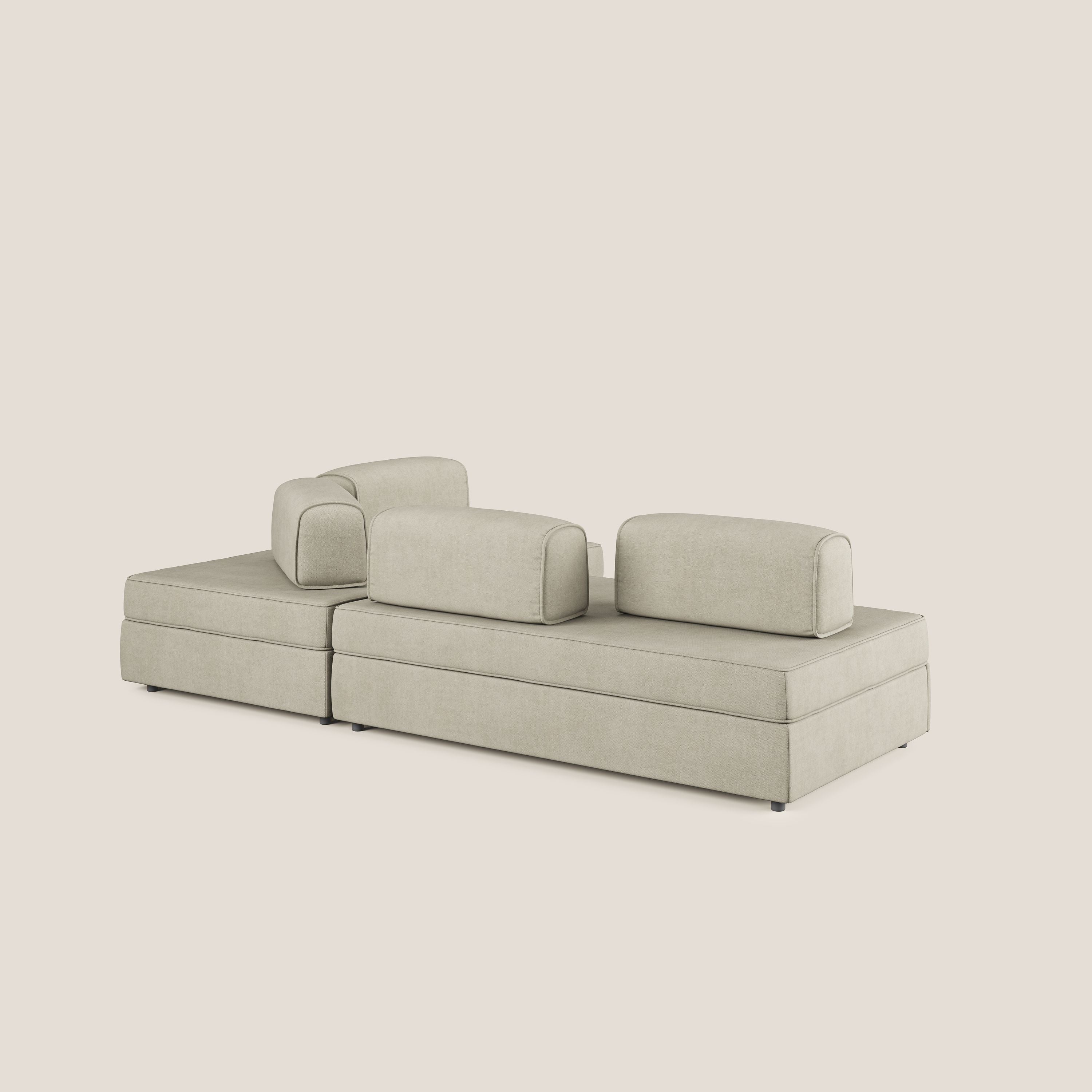 Liberty divano angolare con pouf estraibile e schienali movibili in tessuto morbido impermeabile T02 panna - divani.store