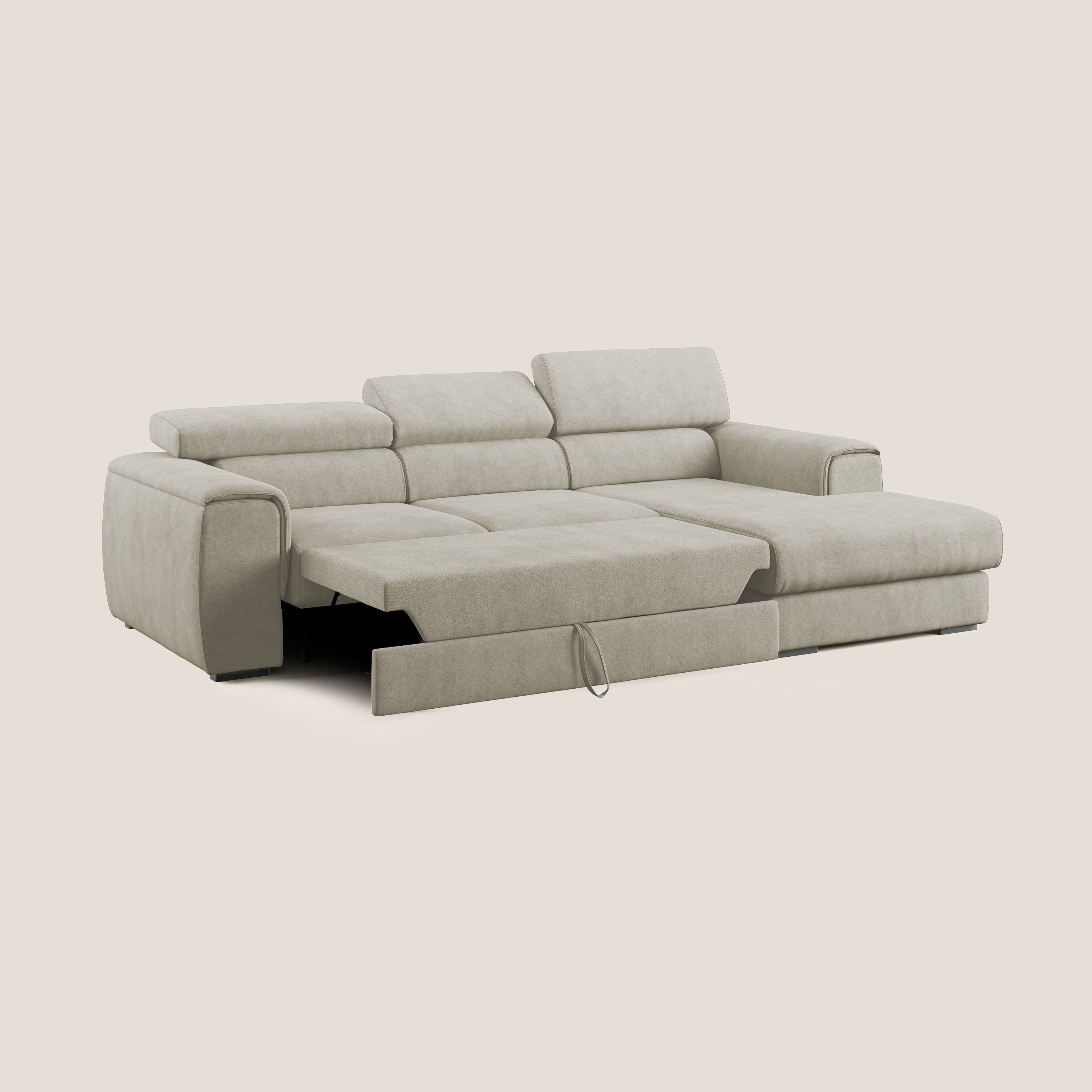 Zeno Divano angolare con pouf estraibile poggiapiedi in tessuto morbido impermeabile T02 panna - divani.store
