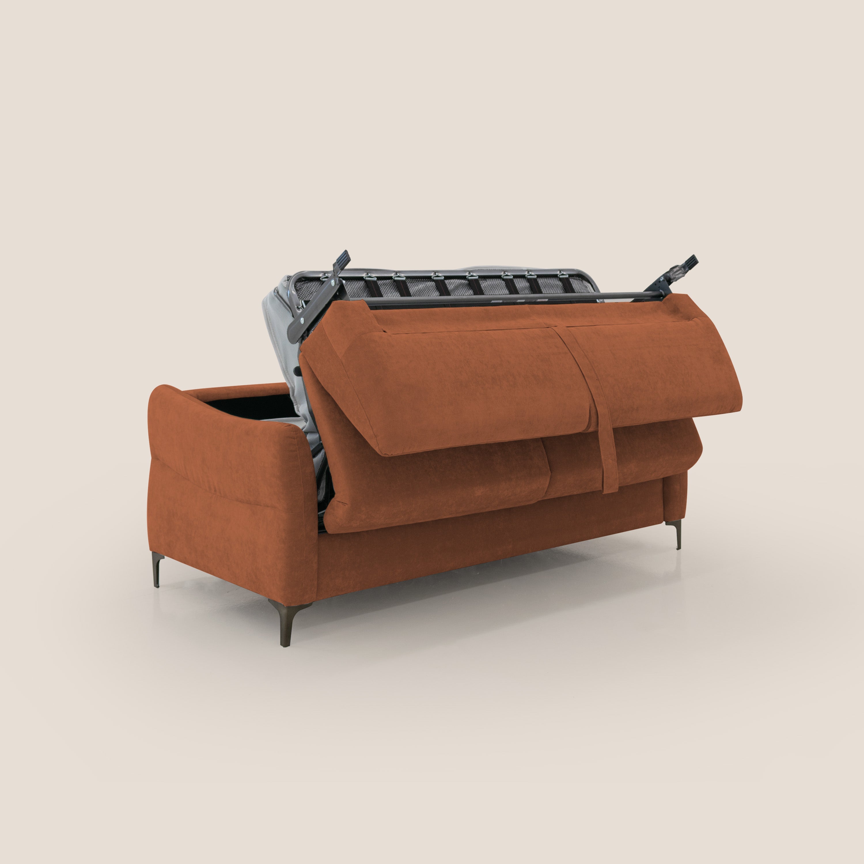 Dalia divano letto con materasso H18 cm e piedi alti in raffinato tessuto smacchiabile T17 arancio - divani.store