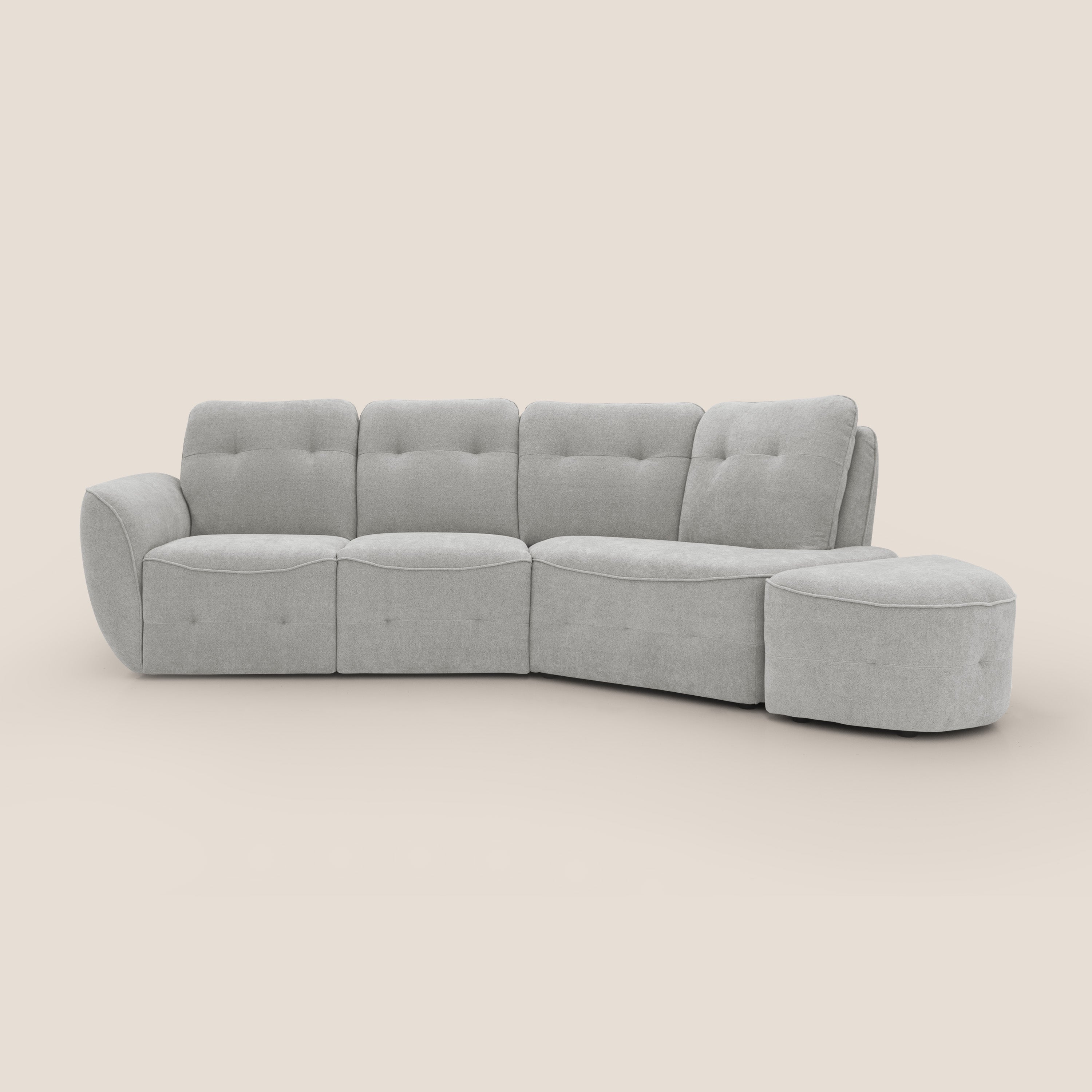Cerbero divano angolare con pouf mobile in morbido bouclé impermeabile T07 grigio - divani.store