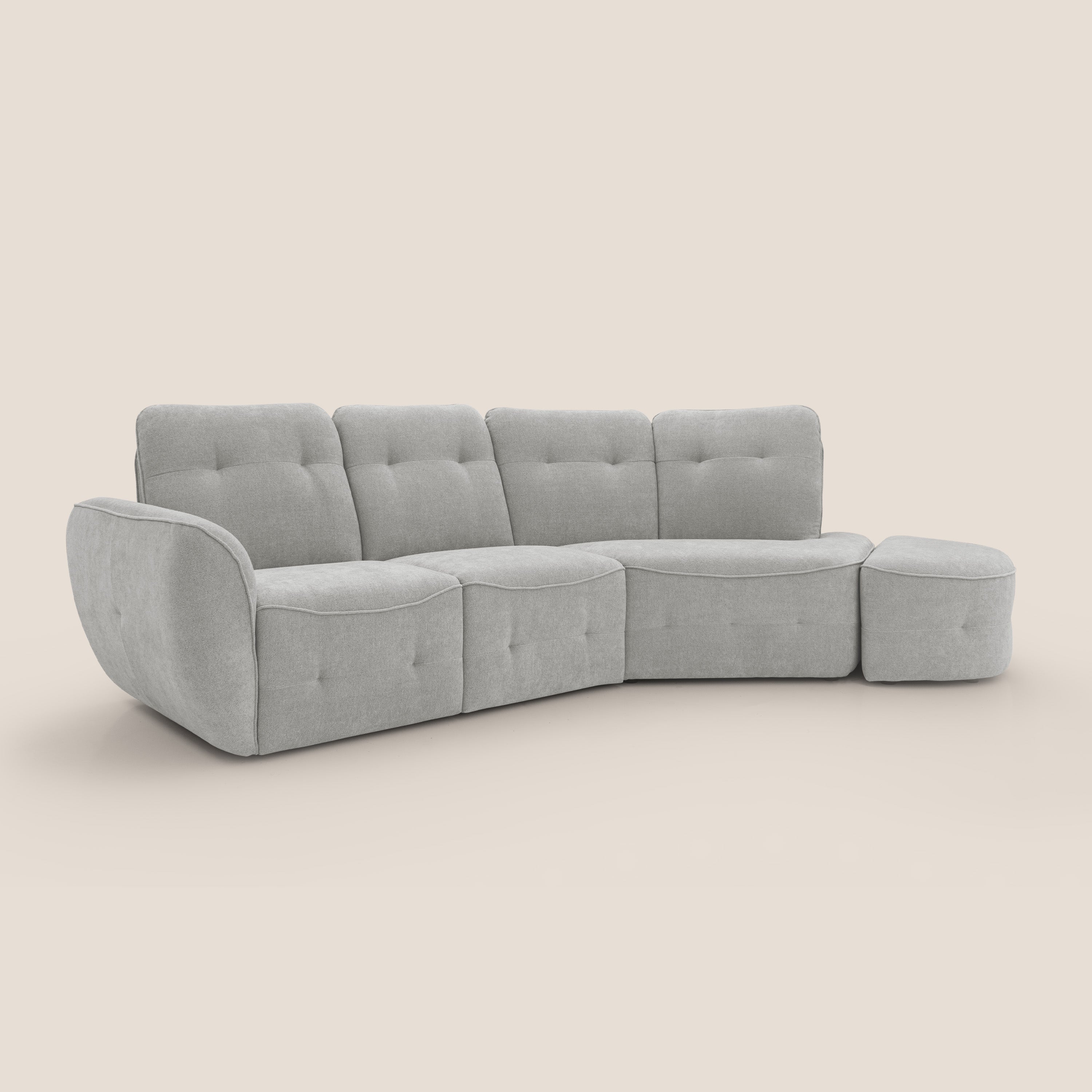Cerbero divano angolare con pouf mobile in morbido bouclé impermeabile T07 grigio - divani.store