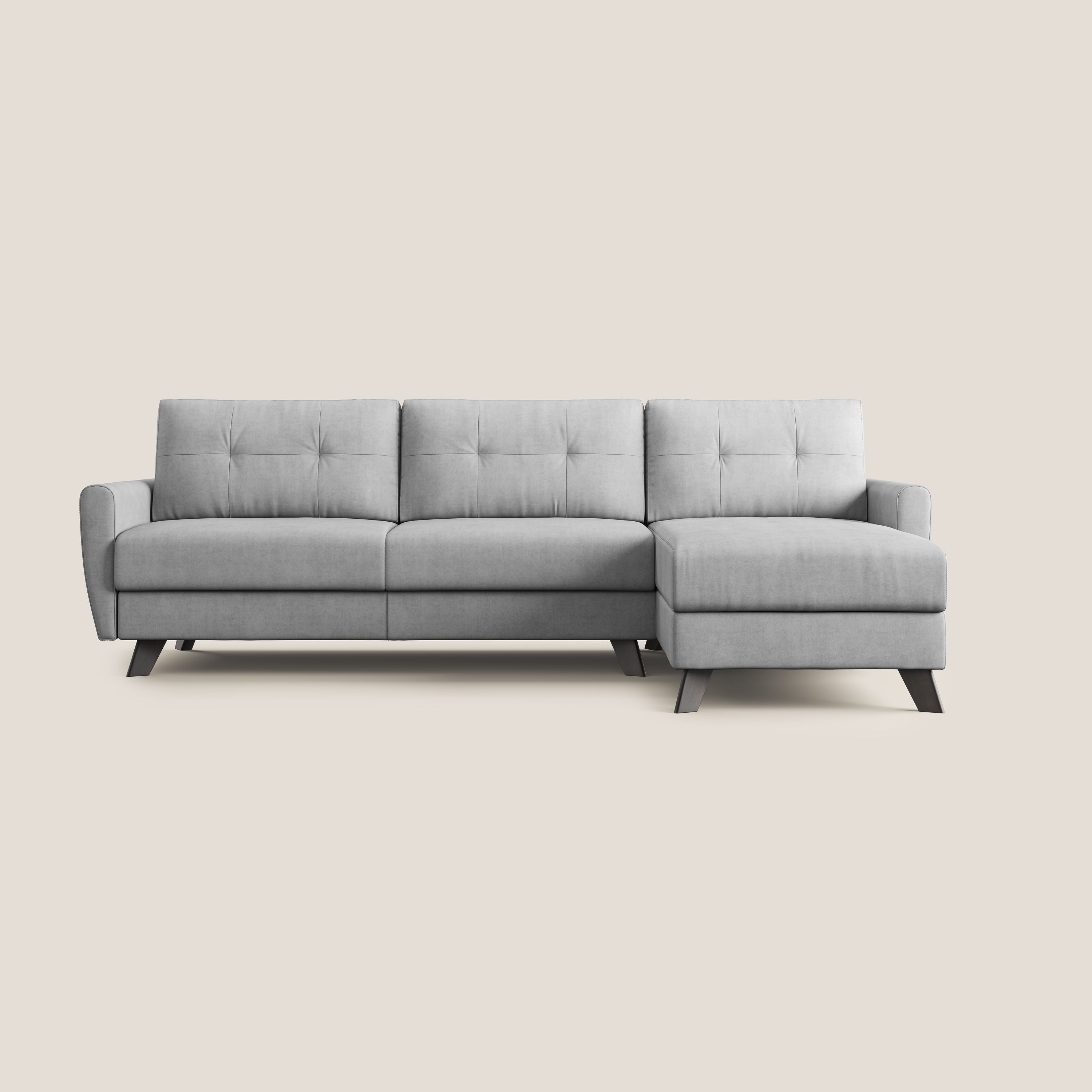 Callisto Divano letto angolare con penisola in tessuto morbido impermeabile T02 grigio chiaro - divani.store