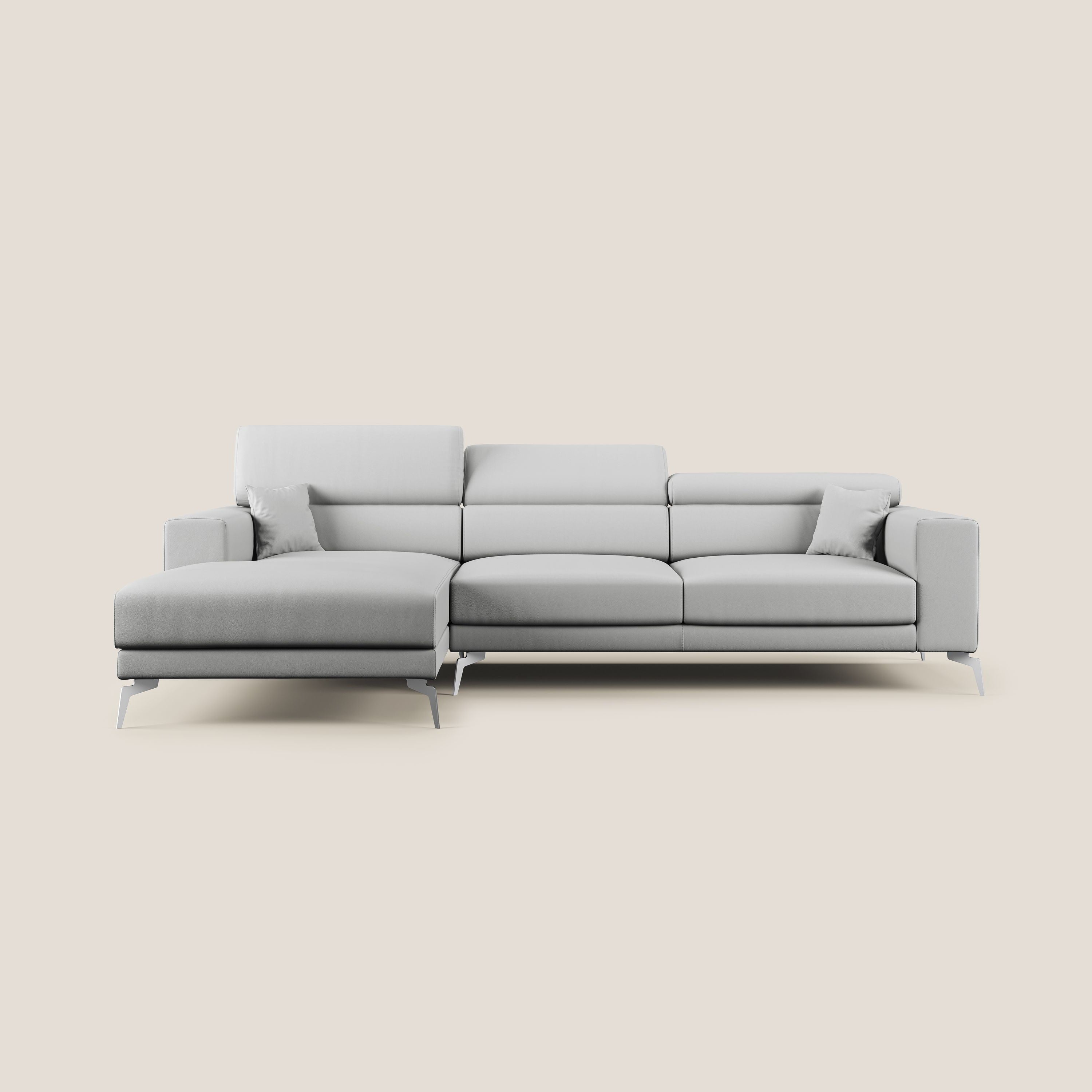 Blade Divano moderno angolare con poggiatesta reclinabili in Ecopelle T04 grigio chiaro - divani.store