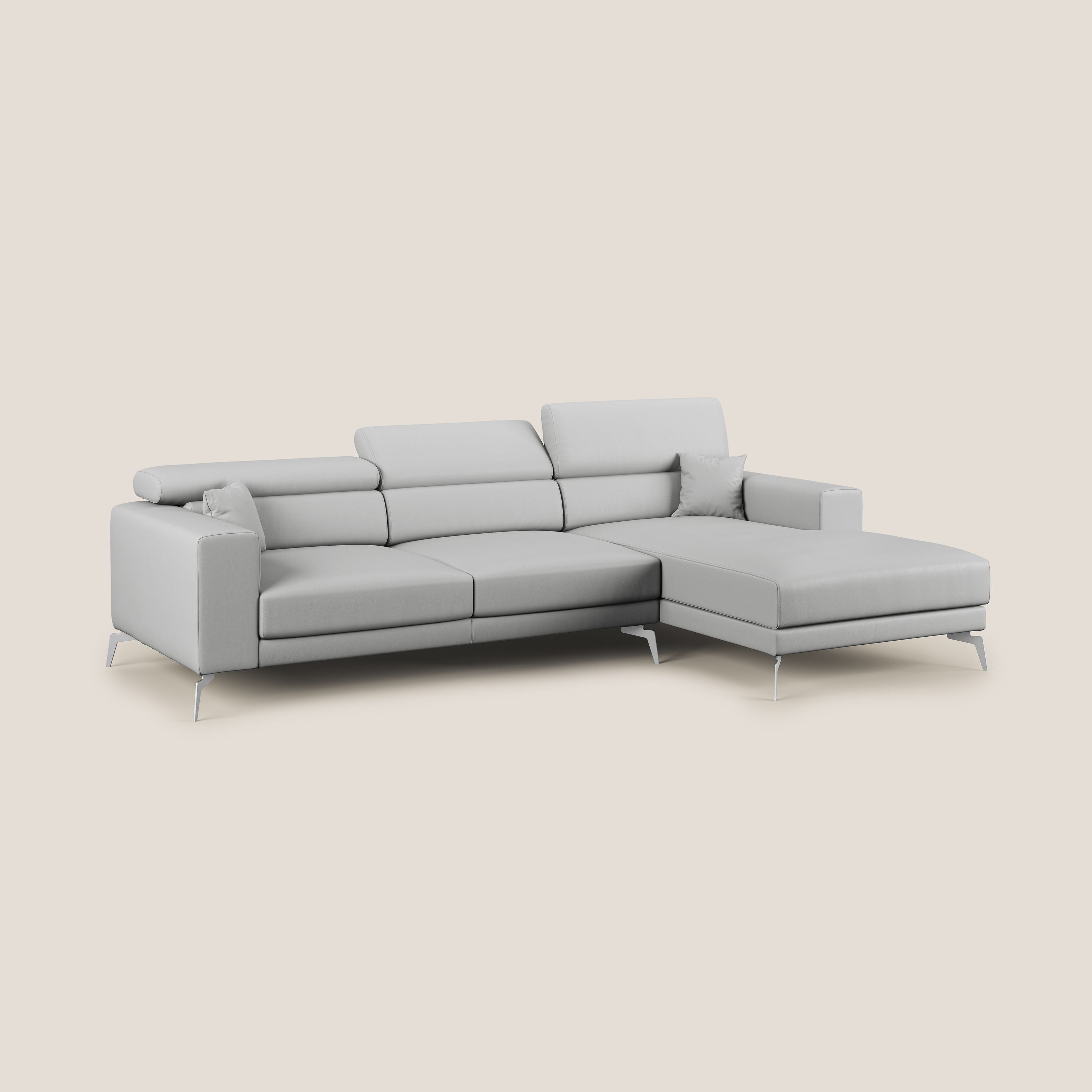 Blade Divano moderno angolare con poggiatesta reclinabili in Ecopelle T04 grigio chiaro - divani.store