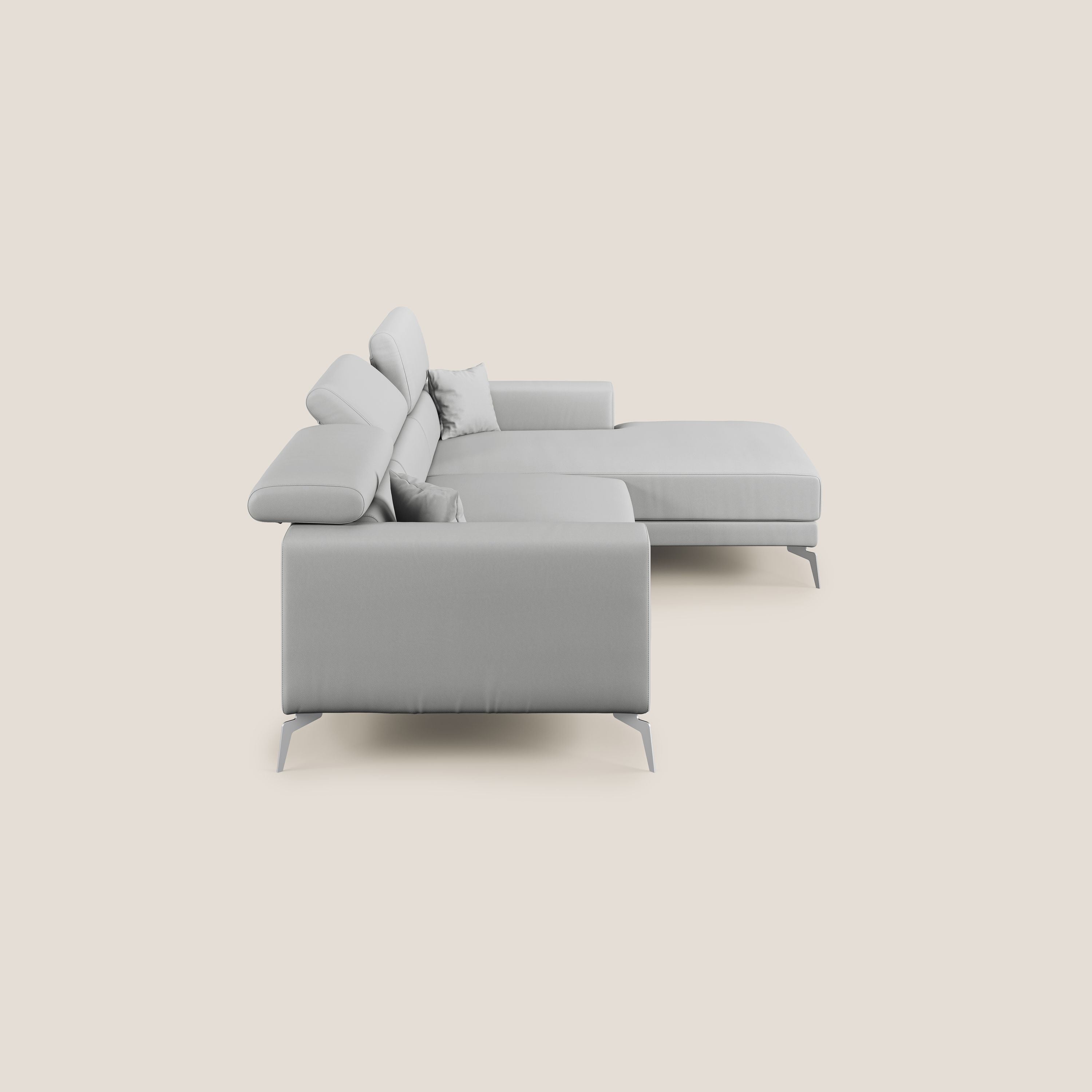 Blade Divano moderno angolare con poggiatesta reclinabili in Ecopelle T04 grigio chiaro - divani.store