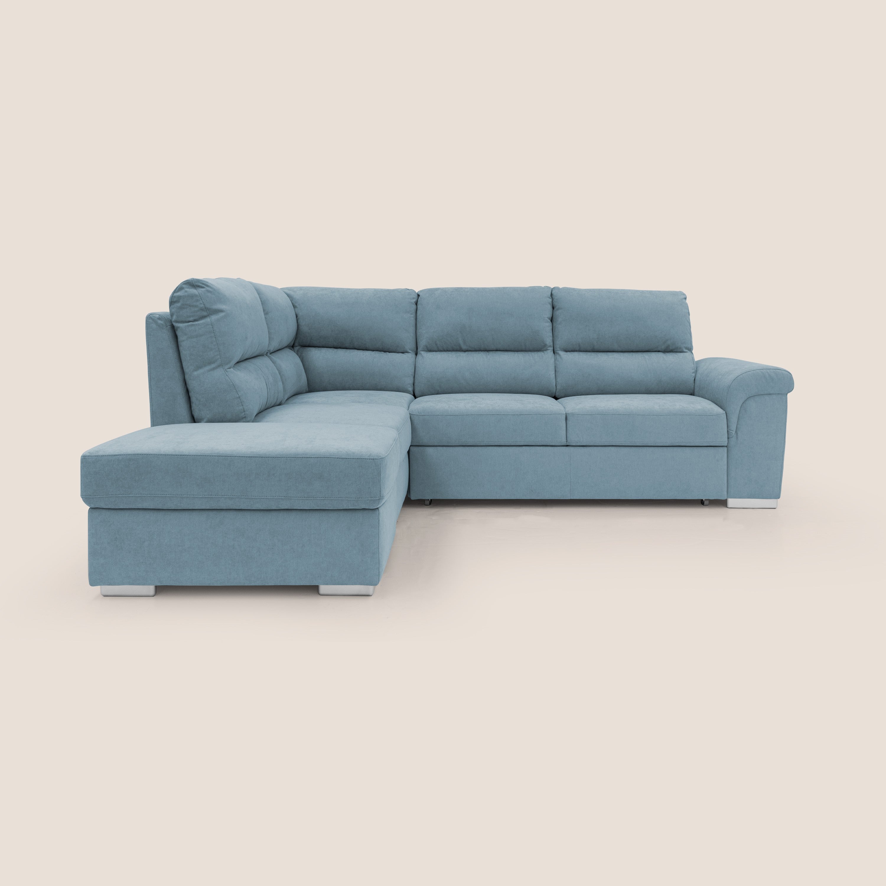 Minerva divano angolare con estraibile a cassettone e pouf contenitore in tessuto morbido impermeabile T02 carta da zucchero - divani.store