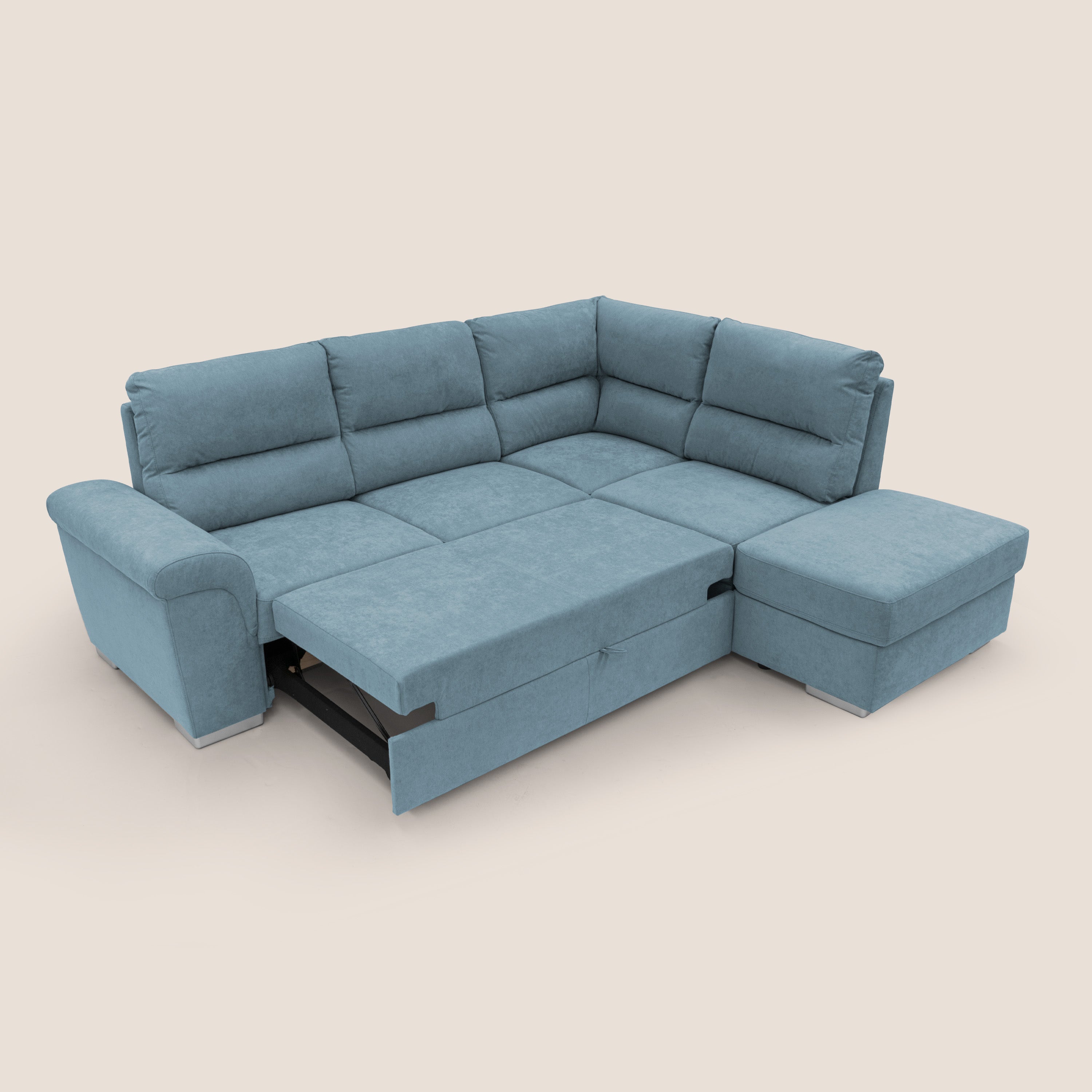 Minerva divano angolare con estraibile a cassettone e pouf contenitore in tessuto morbido impermeabile T02 carta da zucchero - divani.store
