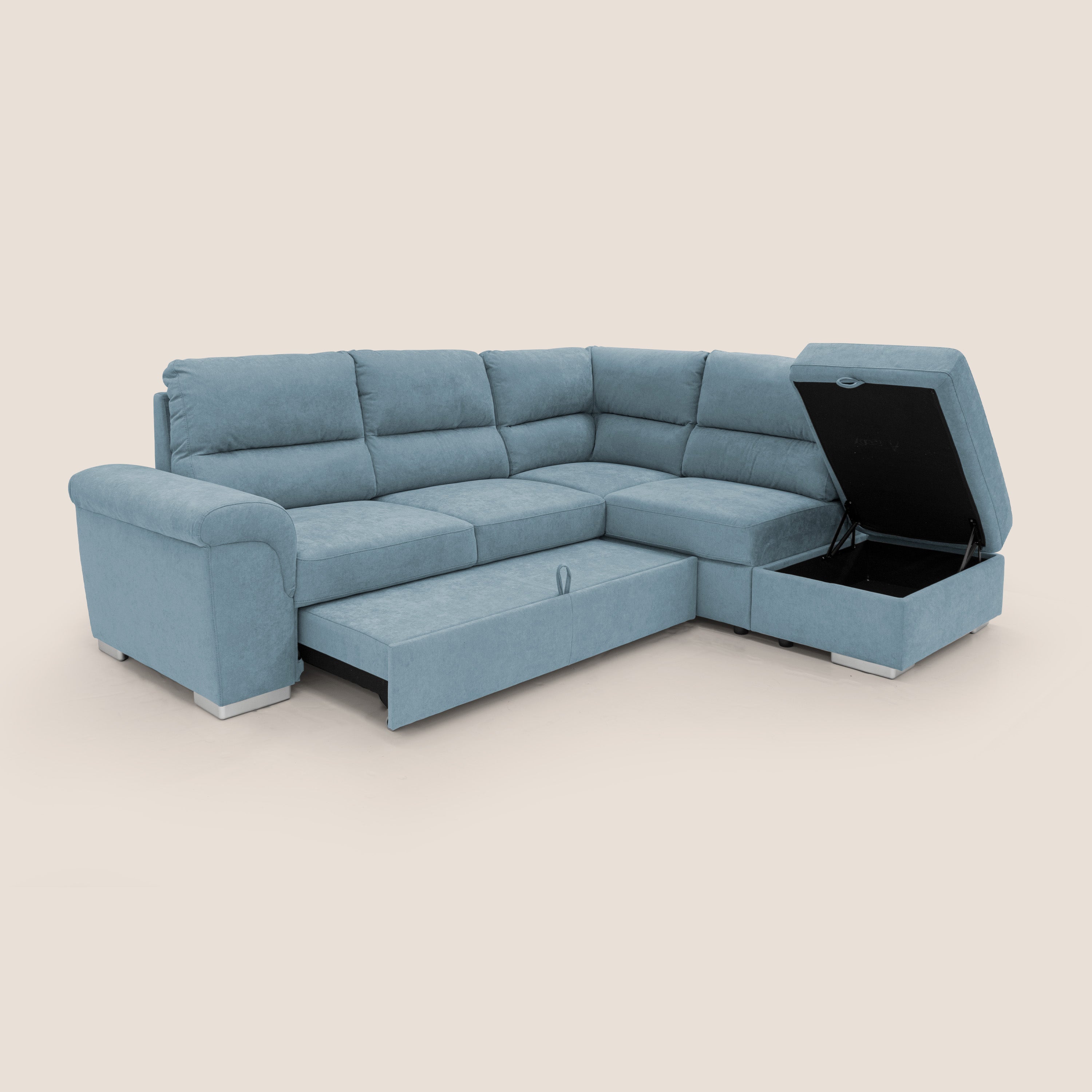 Minerva divano angolare con estraibile a cassettone e pouf contenitore in tessuto morbido impermeabile T02 carta da zucchero - divani.store
