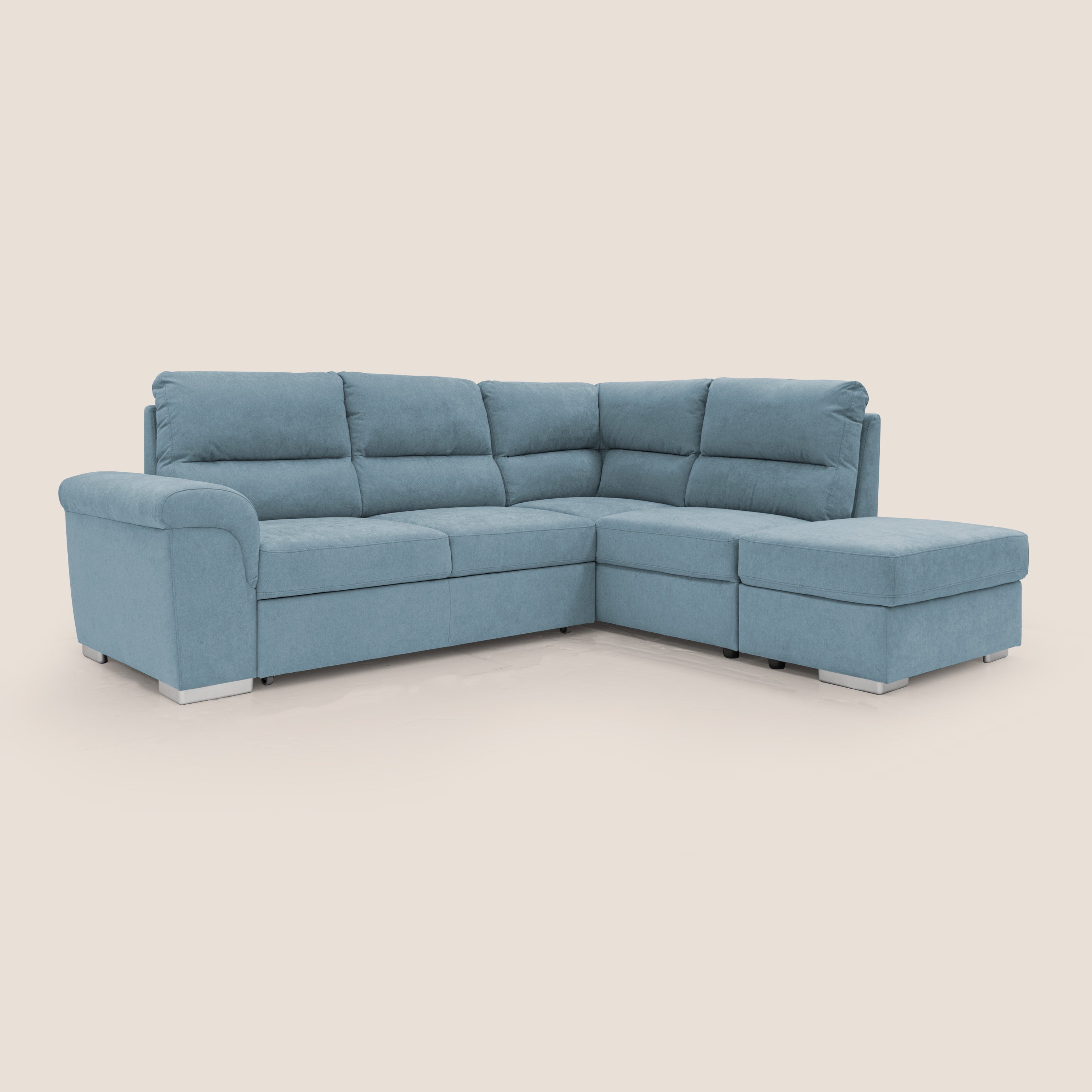 Minerva divano angolare con estraibile a cassettone e pouf contenitore in tessuto morbido impermeabile T02 carta da zucchero - divani.store
