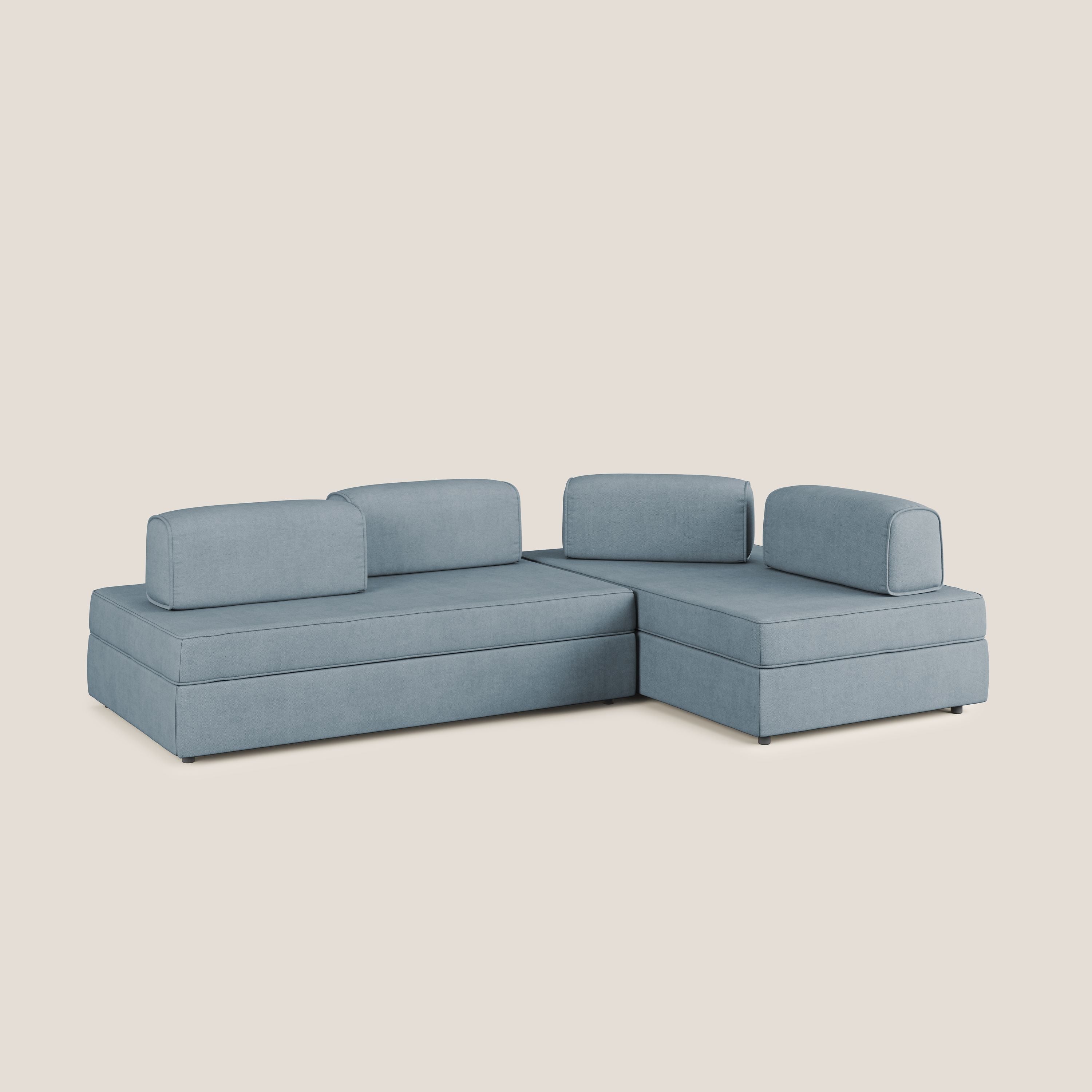 Liberty divano angolare con pouf estraibile e schienali movibili in tessuto morbido impermeabile T02 carta da zucchero - divani.store