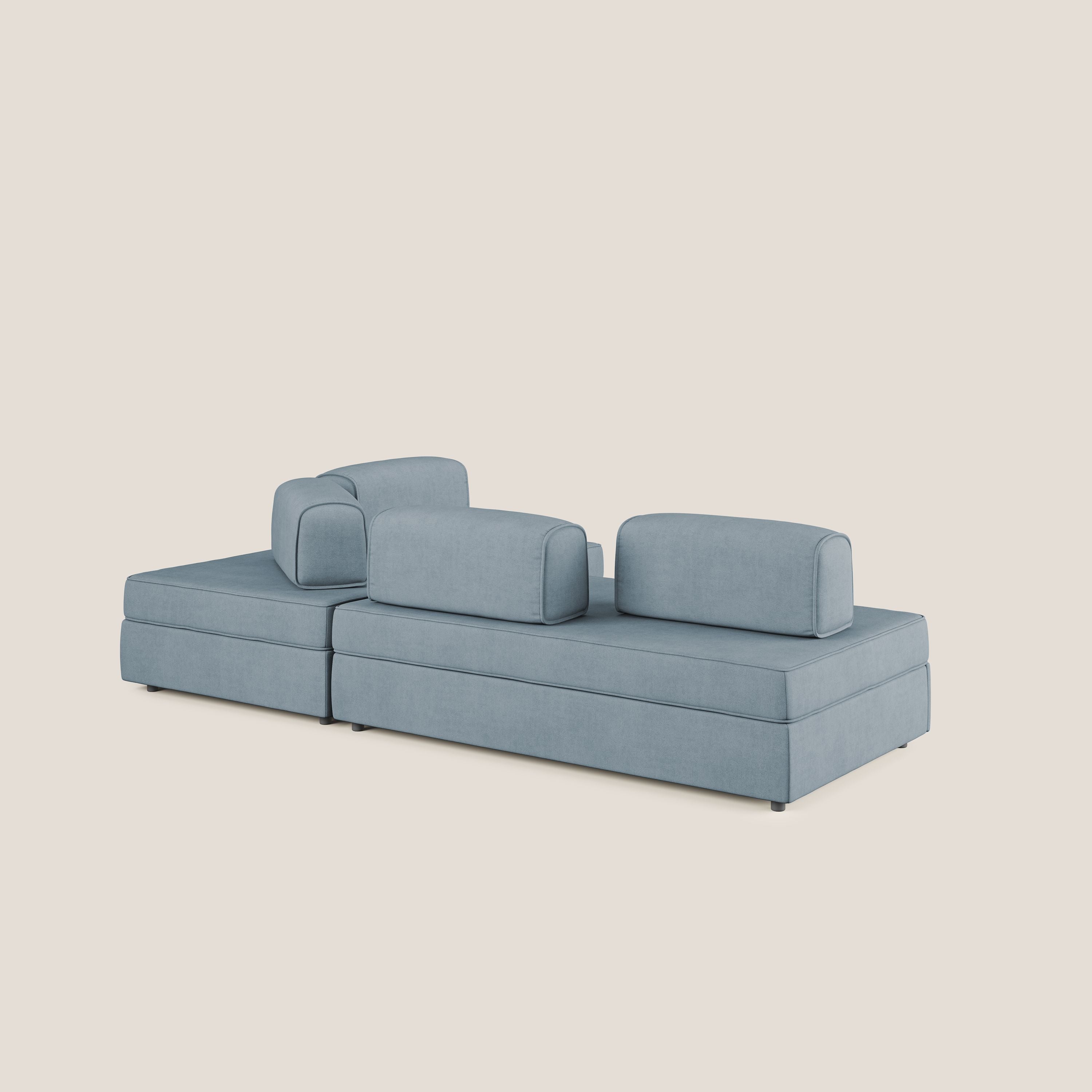 Liberty divano angolare con pouf estraibile e schienali movibili in tessuto morbido impermeabile T02 carta da zucchero - divani.store