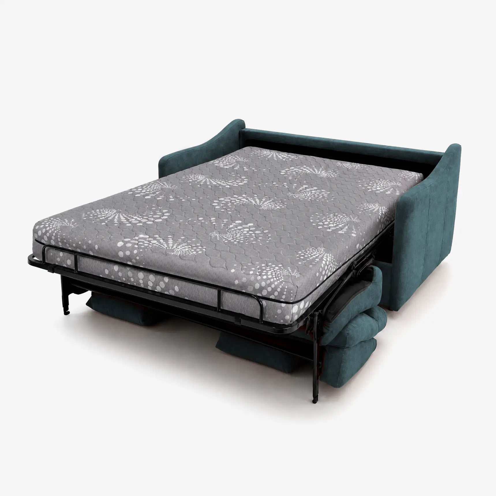 Il divano letto a 3 posti Lodovico di Divani.Store è realizzato in tessuto color verde acqua, certificato Oeko-Tex e resistente alle macchie, e presenta un materasso ALTO da 20 cm (140x195) con motivo grigio che sporge verso l’esterno, lasciando intravedere la struttura del letto, i portaguancioli e i supporti dei cuscini.