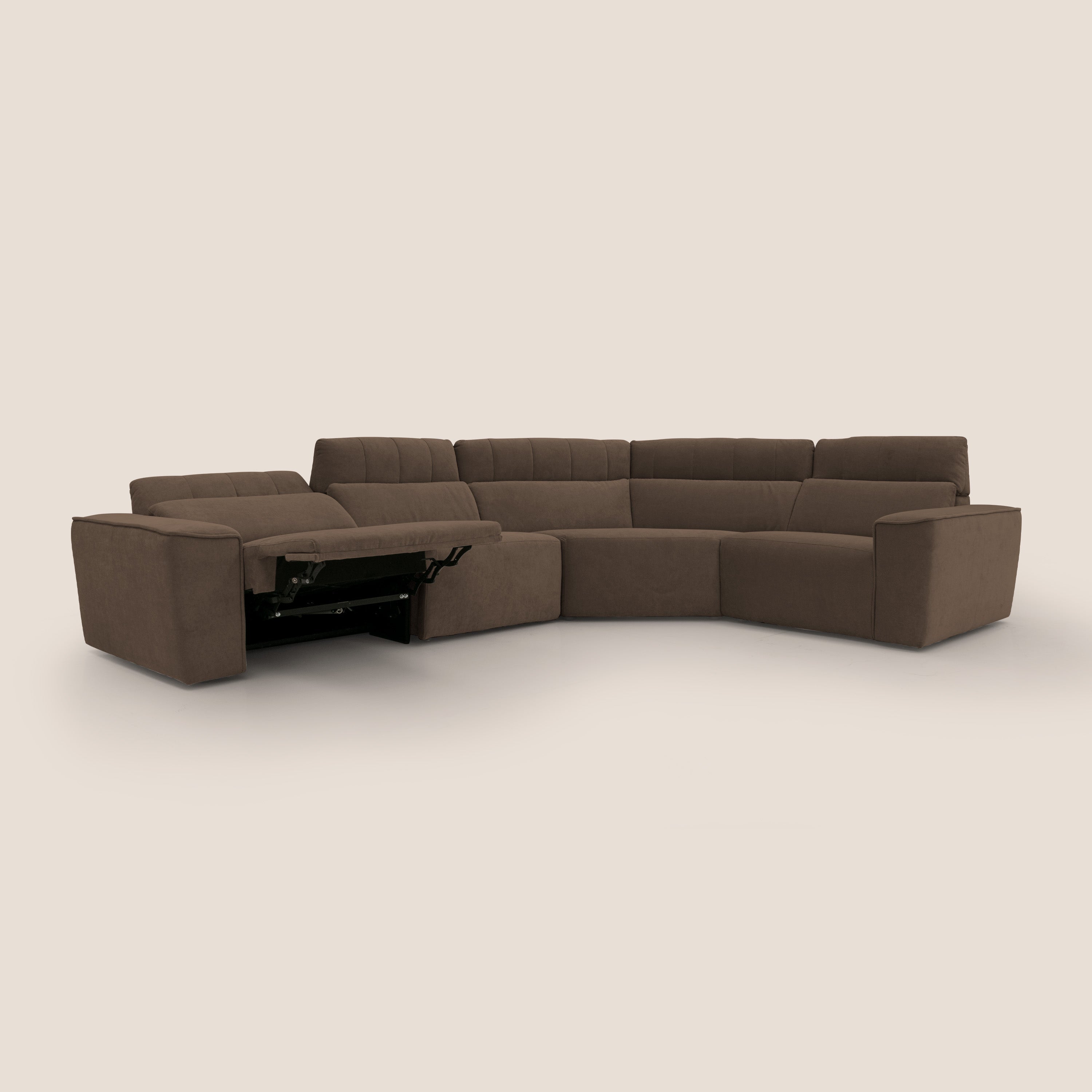 Clark Divano modulare angolare REVERSIBILE con opzione relax elettrico in tessuto smacchiabile impermeabile T17 marrone - divani.store