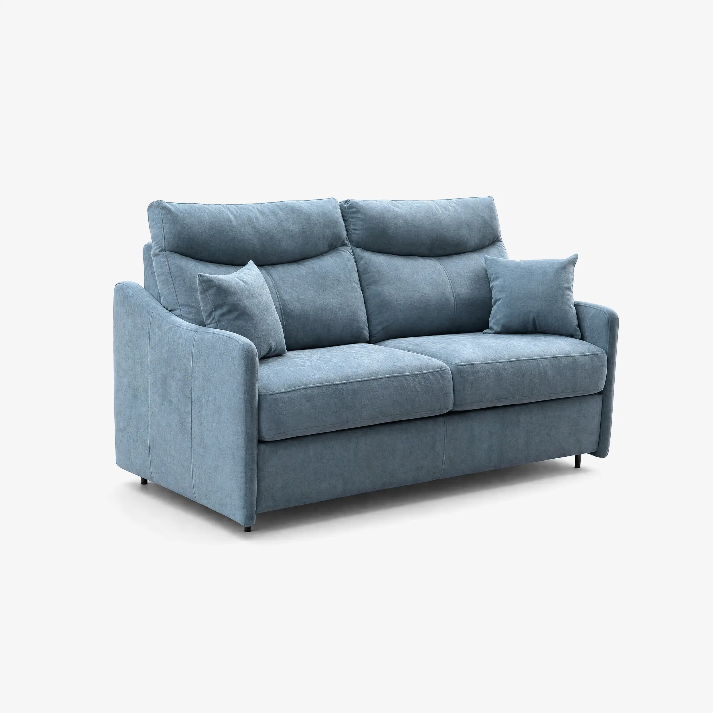 Il divano letto a 3 posti Lodovico di Divani.Store è un divano moderno di colore azzurro, dotato di due cuscini per seduta e schienale, braccioli sottili, cuscini coordinati, un materasso a scomparsa da 140x195 cm e 20 cm di altezza e pratici portaguanciali. Tessuto antimacchia certificato Oeko-Tex.