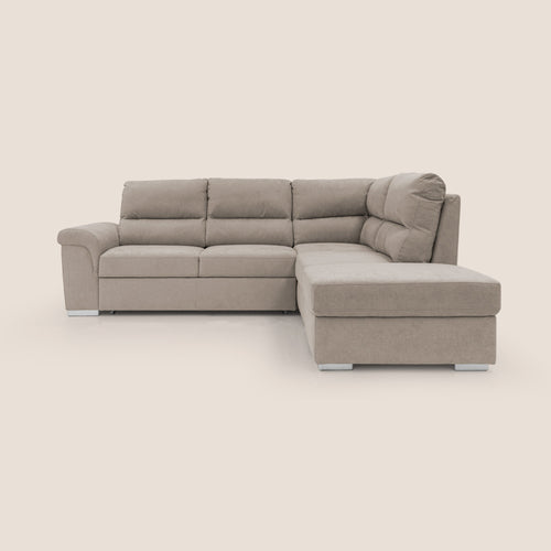 Minerva divano angolare con estraibile a cassettone e pouf contenitore in tessuto morbido impermeabile T02 beige - divani.store