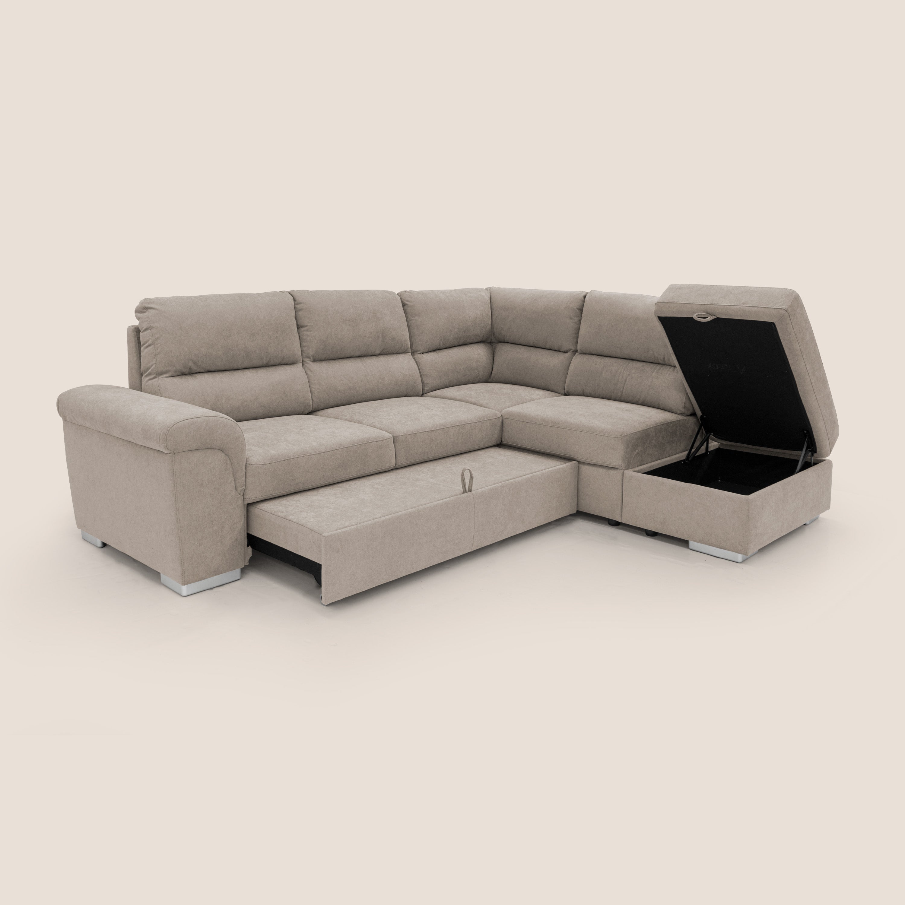 Minerva divano angolare con estraibile a cassettone e pouf contenitore in tessuto morbido impermeabile T02 beige - divani.store