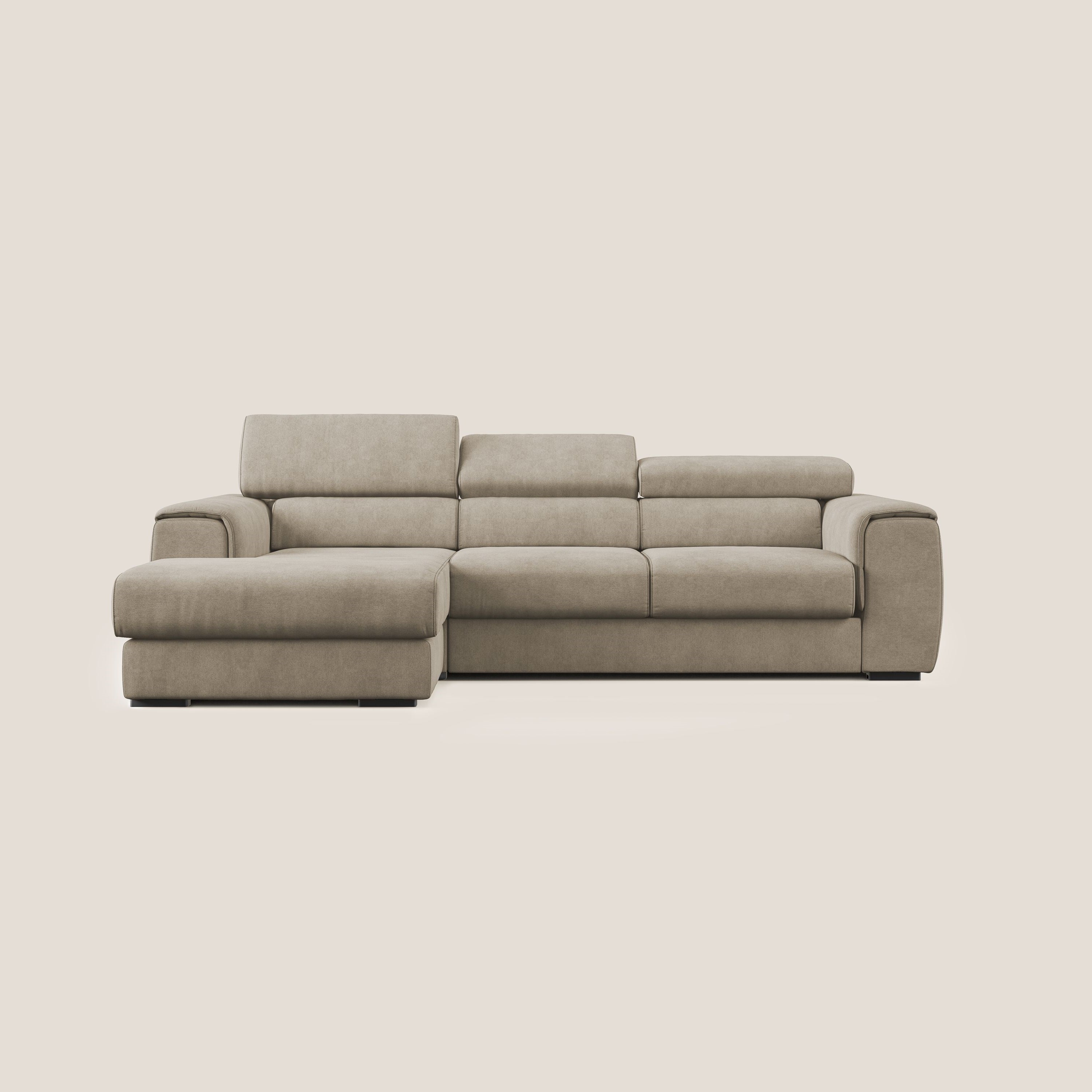 Zeno Divano angolare con pouf estraibile poggiapiedi in tessuto morbido impermeabile T02 beige - divani.store