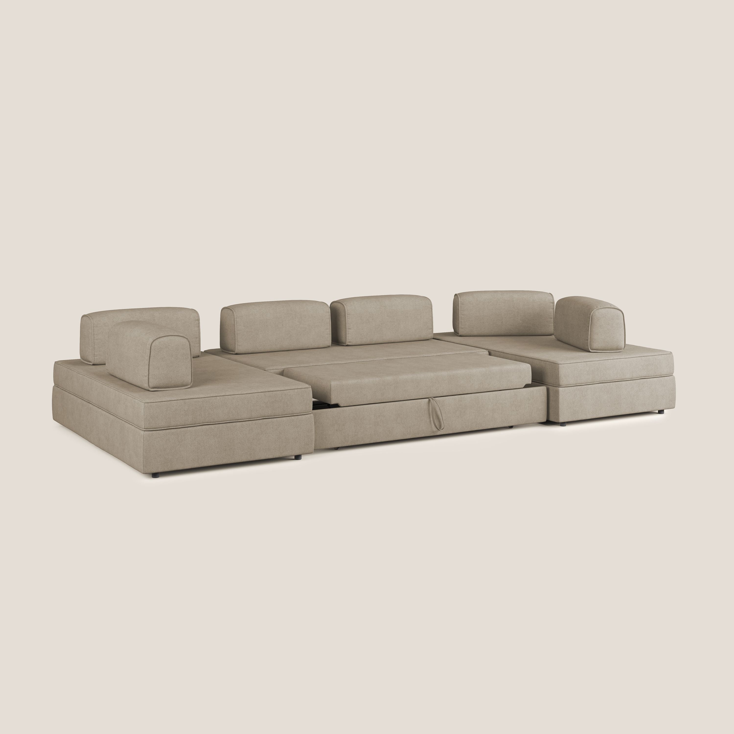 Liberty divano panoramico con pouf estraibile e schienali movibili in tessuto morbido impermeabile T02 beige - divani.store