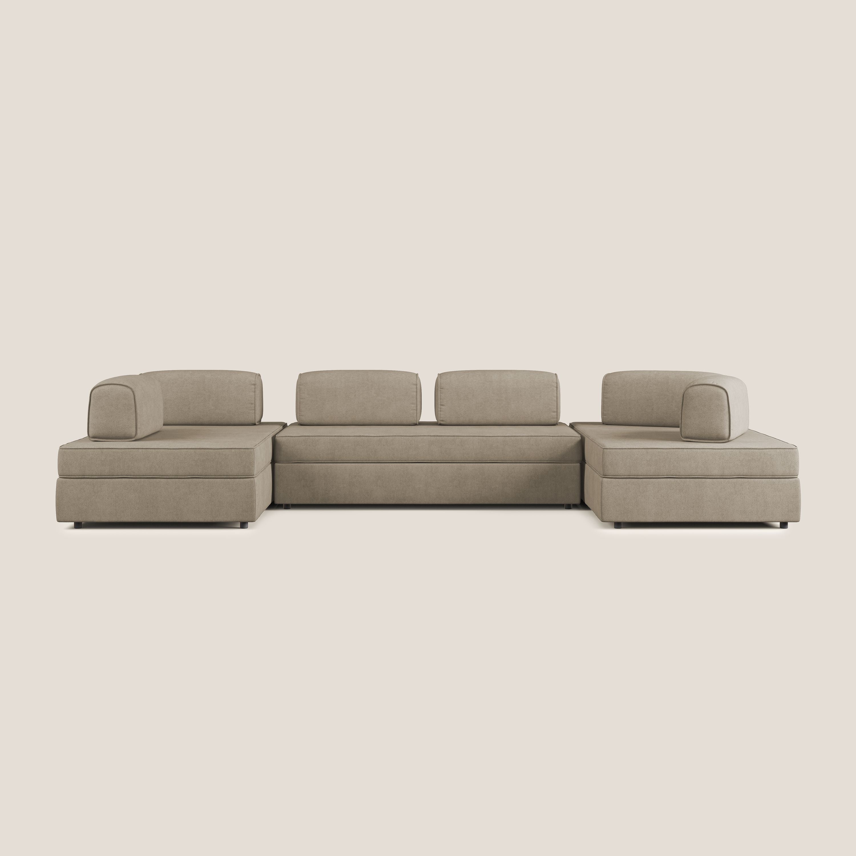Liberty divano panoramico con pouf estraibile e schienali movibili in tessuto morbido impermeabile T02 beige - divani.store