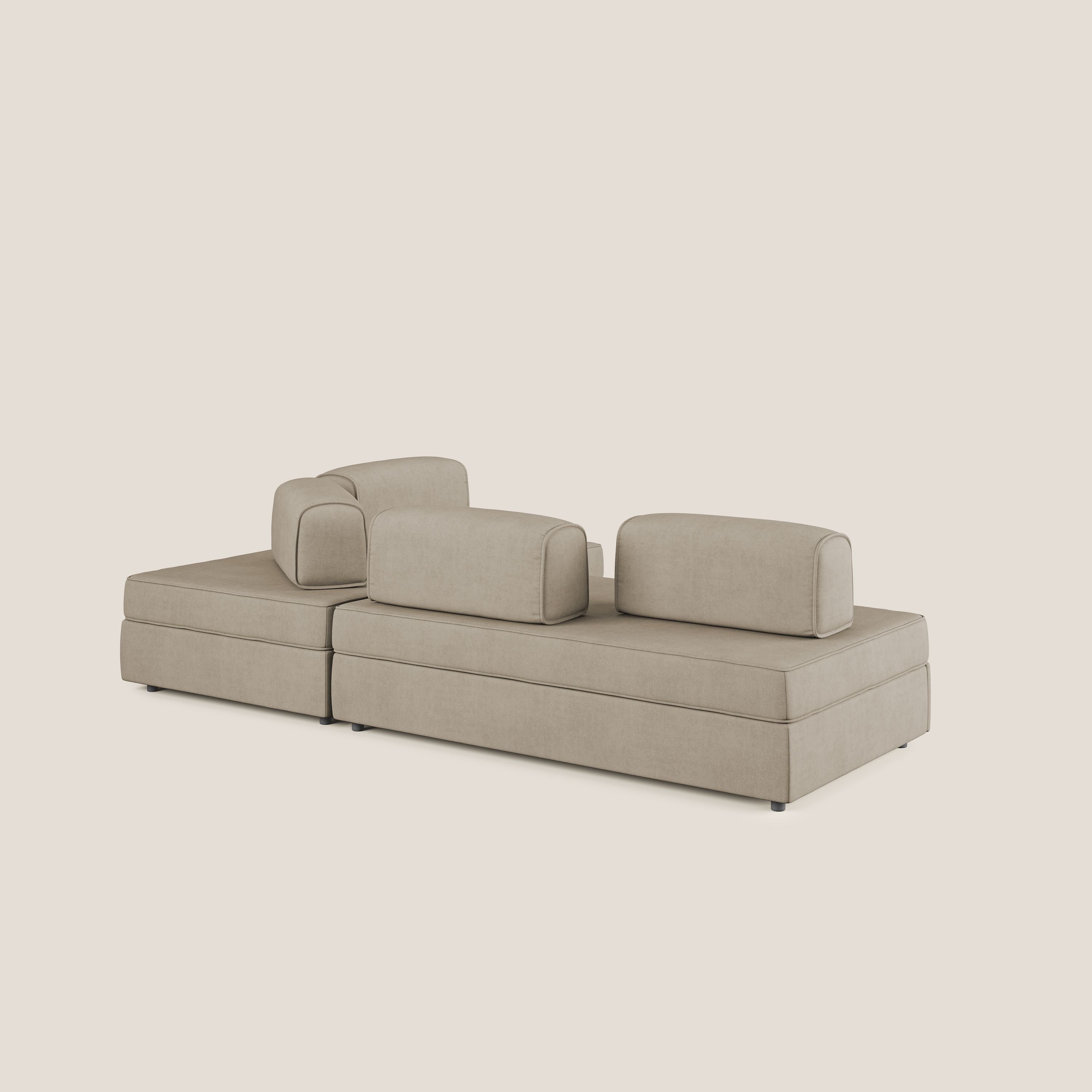 Liberty divano angolare con pouf estraibile e schienali movibili in tessuto morbido impermeabile T02 beige - divani.store