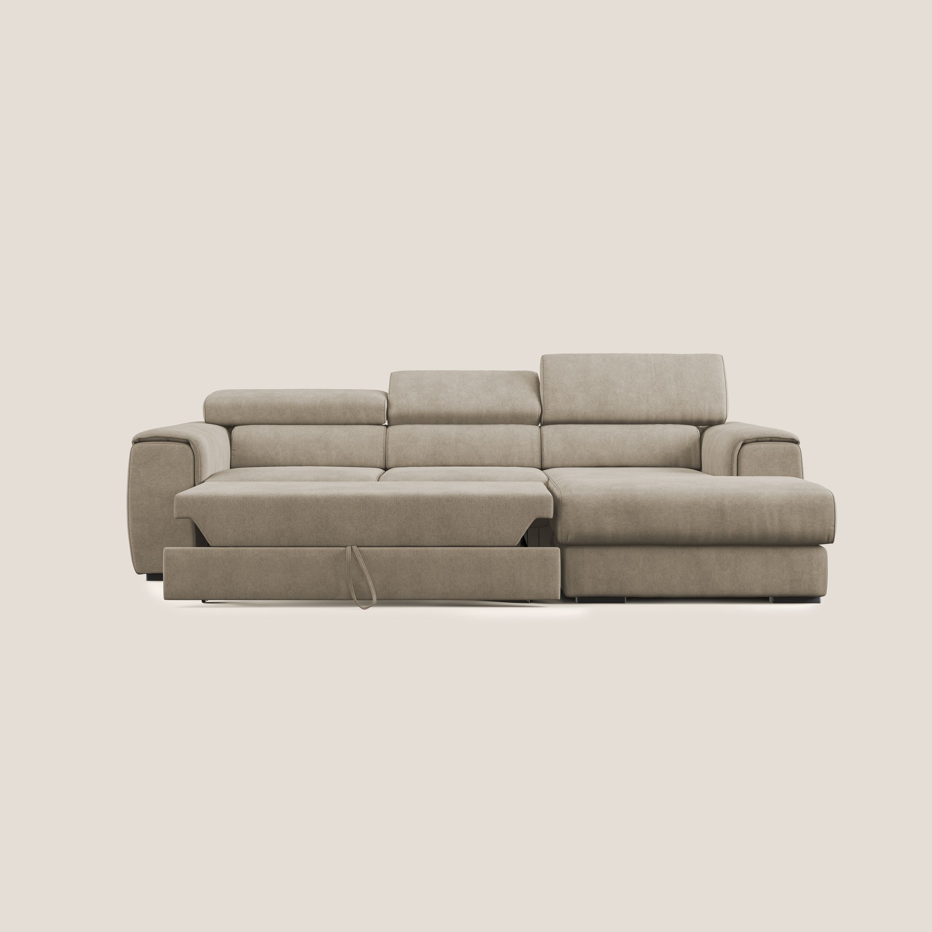 Zeno Divano angolare con pouf estraibile poggiapiedi in tessuto morbido impermeabile T02 beige - divani.store