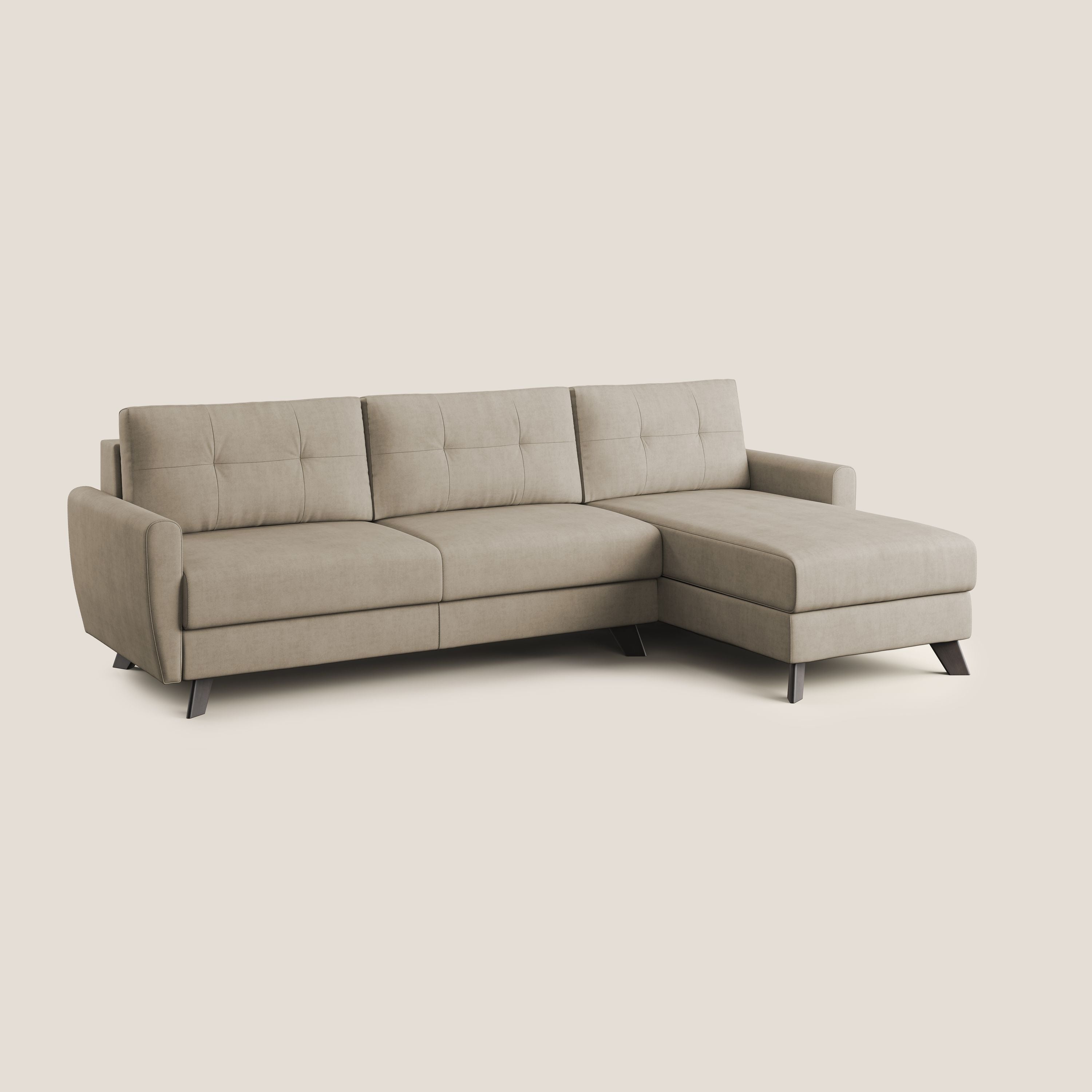 Callisto Divano letto angolare con penisola in tessuto morbido impermeabile T02 beige - divani.store
