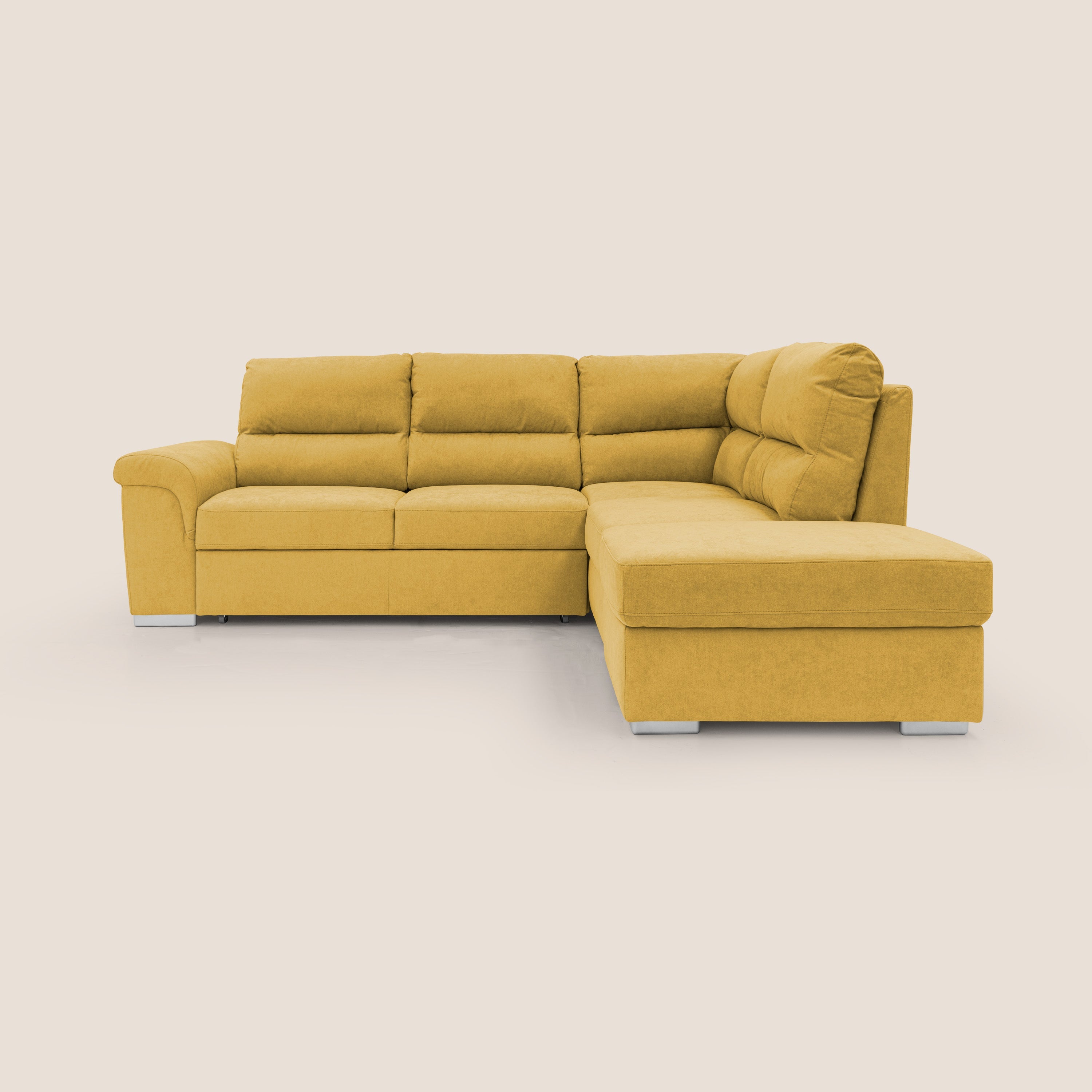 Minerva divano angolare con estraibile a cassettone e pouf contenitore in tessuto morbido impermeabile T02 giallo - divani.store