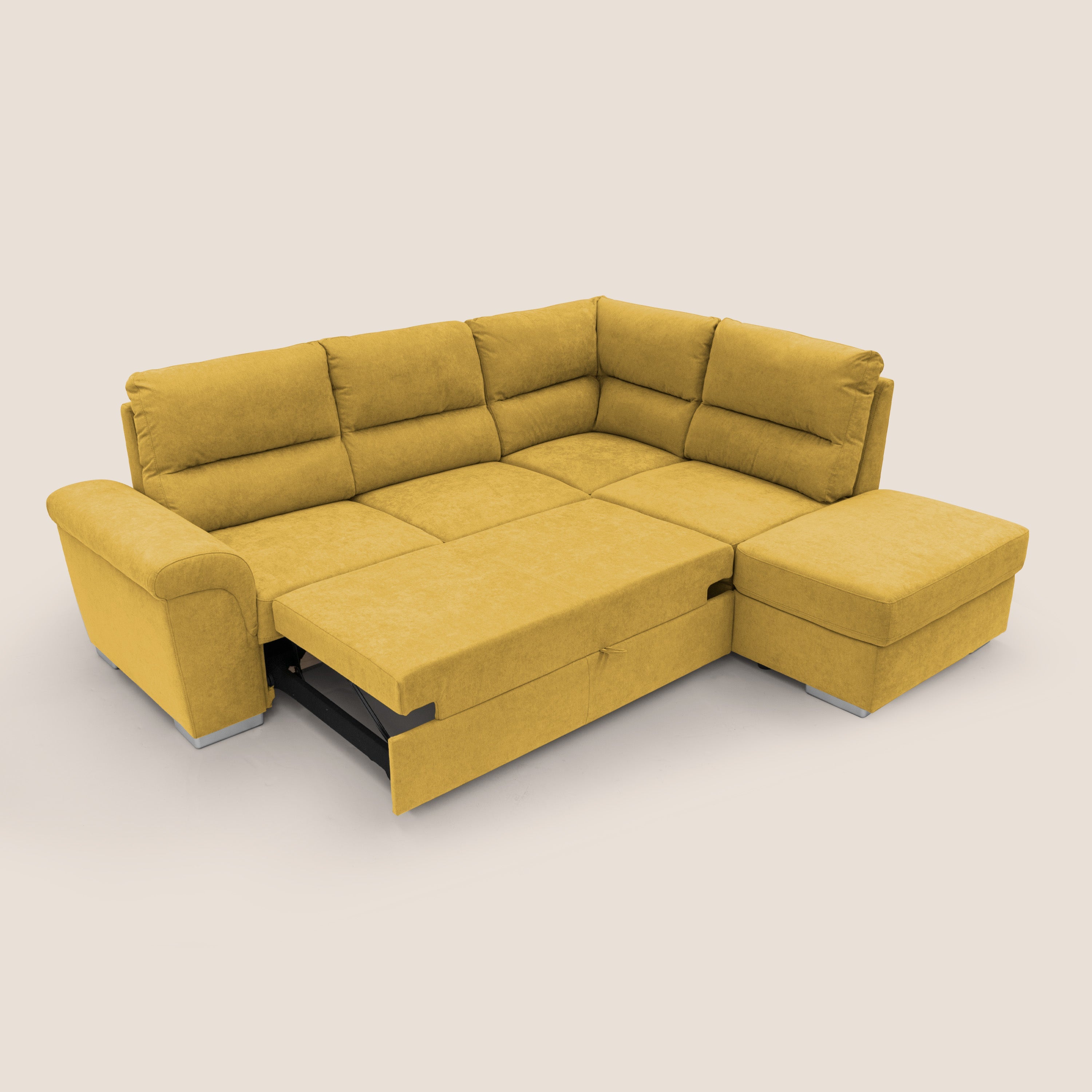 Minerva divano angolare con estraibile a cassettone e pouf contenitore in tessuto morbido impermeabile T02 giallo - divani.store