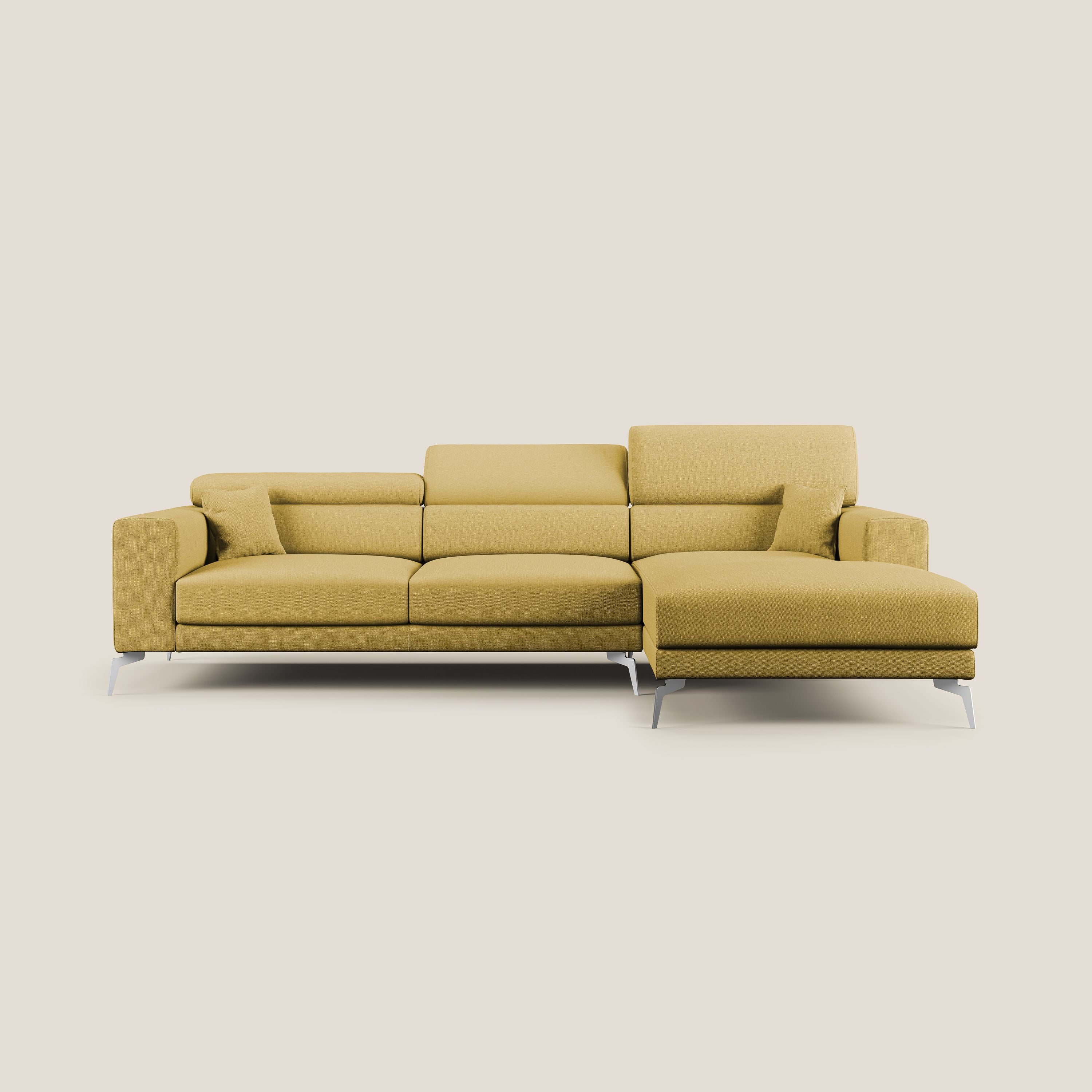 Blade Divano moderno angolare con poggiatesta reclinabili in tessuto impermeabile simil-cotone T13 giallo - divani.store