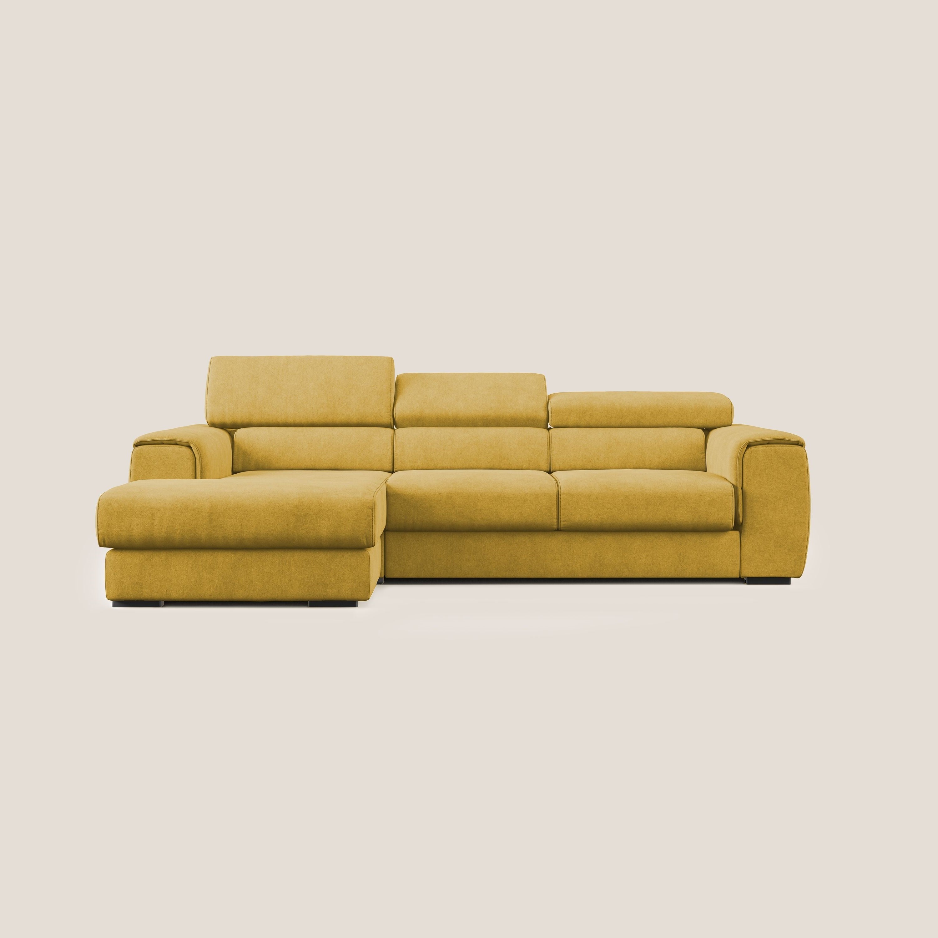 Zeno Divano angolare con pouf estraibile poggiapiedi in tessuto morbido impermeabile T02 giallo - divani.store