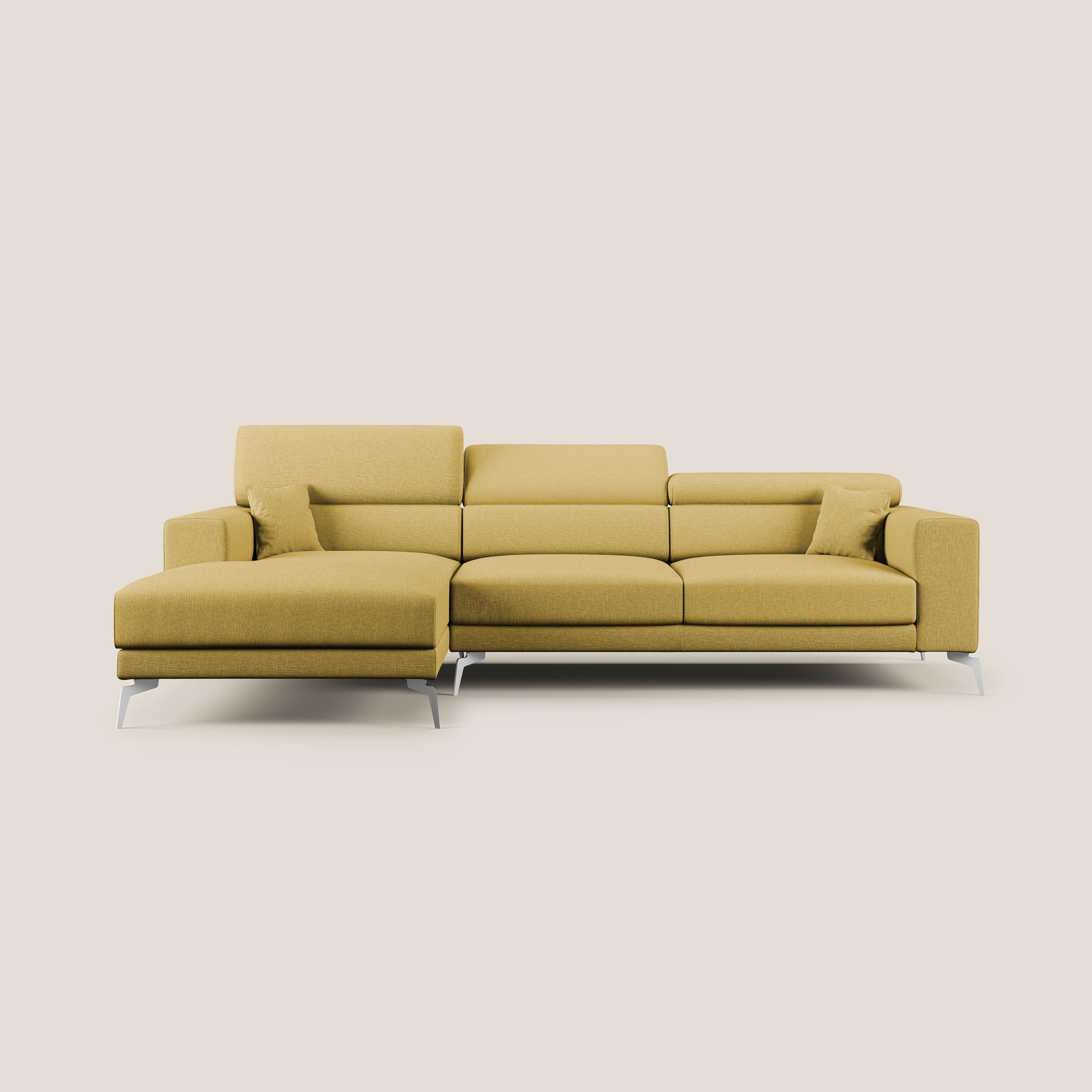 Blade Divano moderno angolare con poggiatesta reclinabili in tessuto impermeabile simil-cotone T13 giallo - divani.store