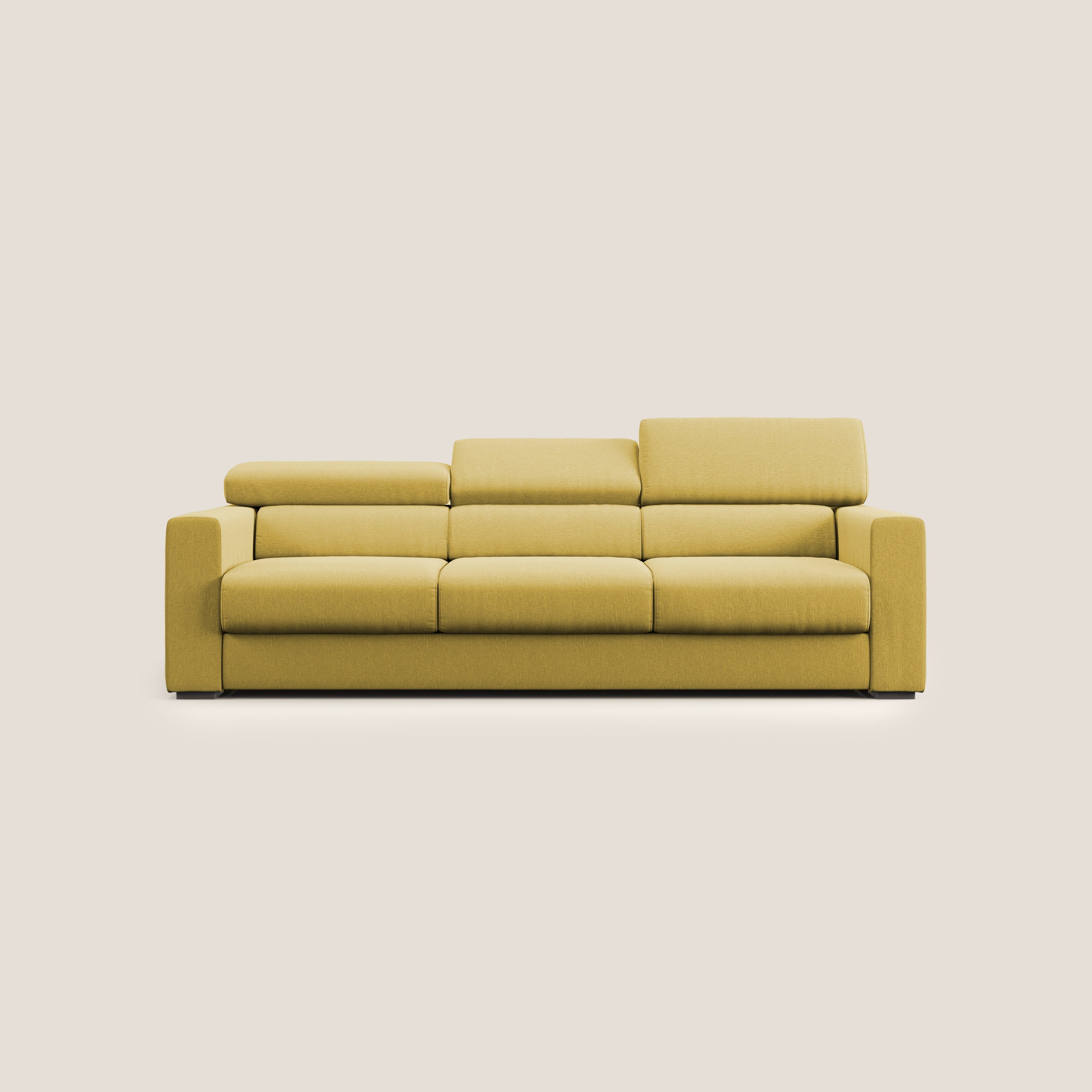 Dylan divano a 3 sedute con pouf estraibile poggiapiedi in tessuto simil cotone impermeabile T13 giallo - divani.store