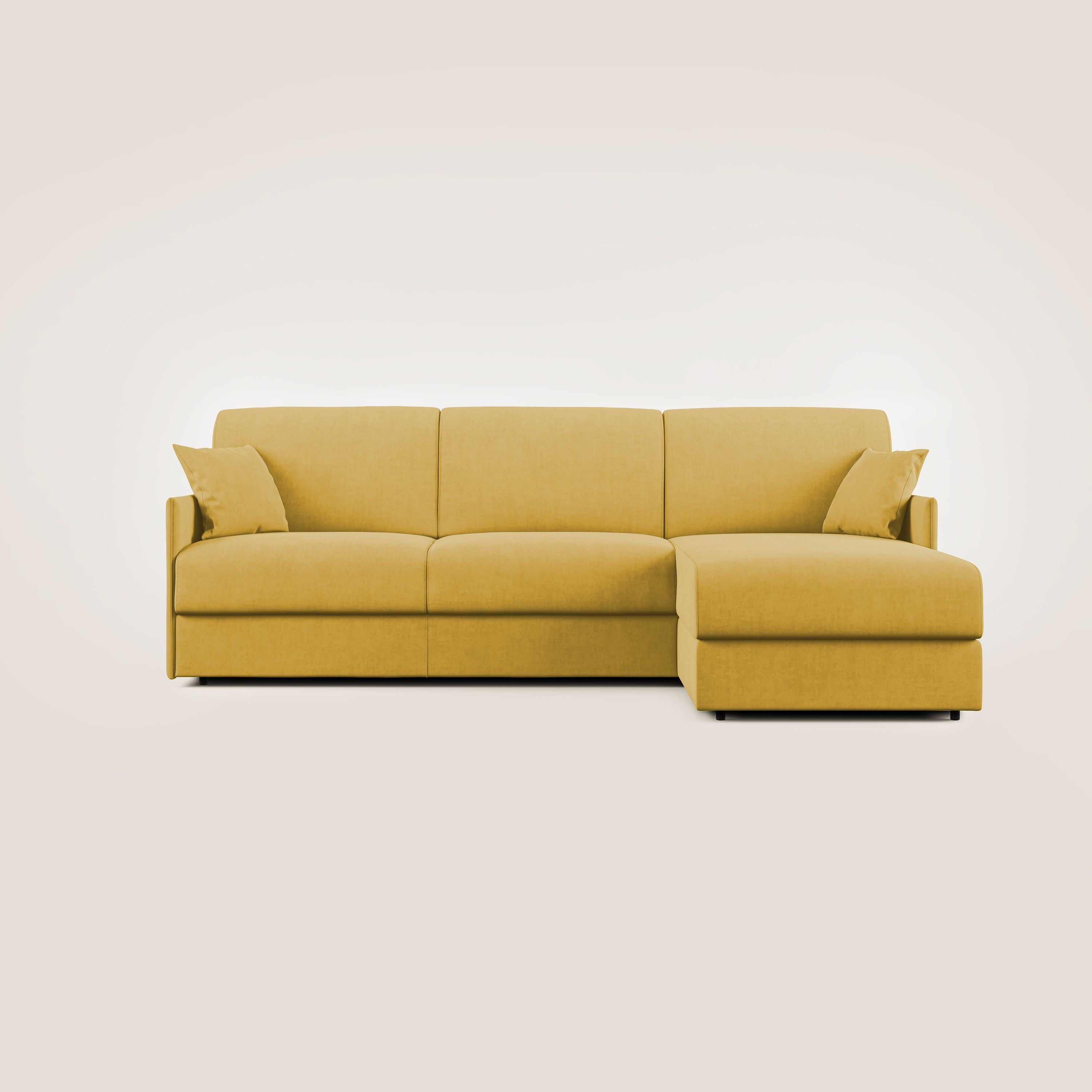 Evans Divano letto angolare con penisola in morbido tessuto impermeabile T02 giallo - divani.store