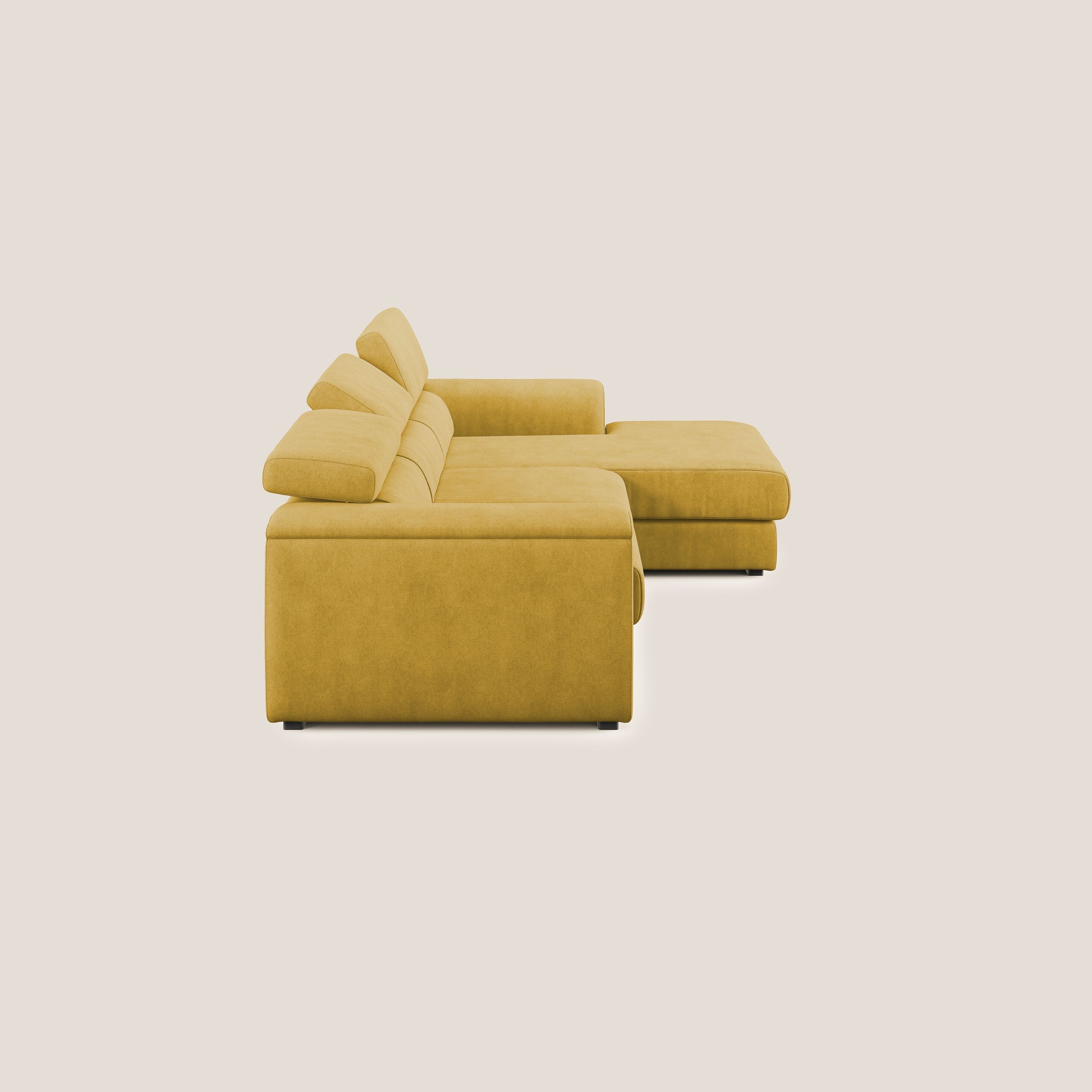 Zeno Divano angolare con pouf estraibile poggiapiedi in tessuto morbido impermeabile T02 giallo - divani.store