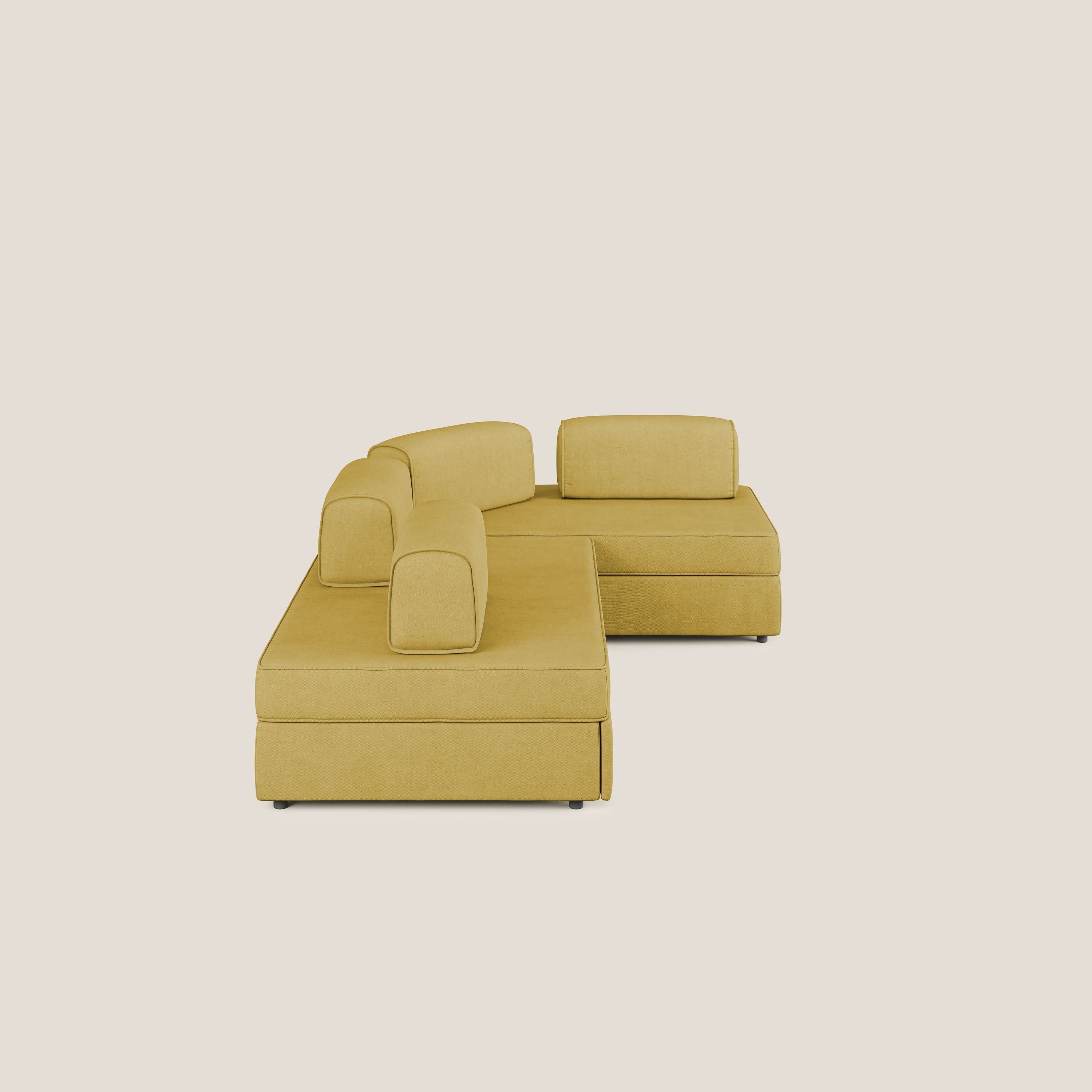 Liberty divano angolare con pouf estraibile e schienali movibili in tessuto morbido impermeabile T02 giallo - divani.store