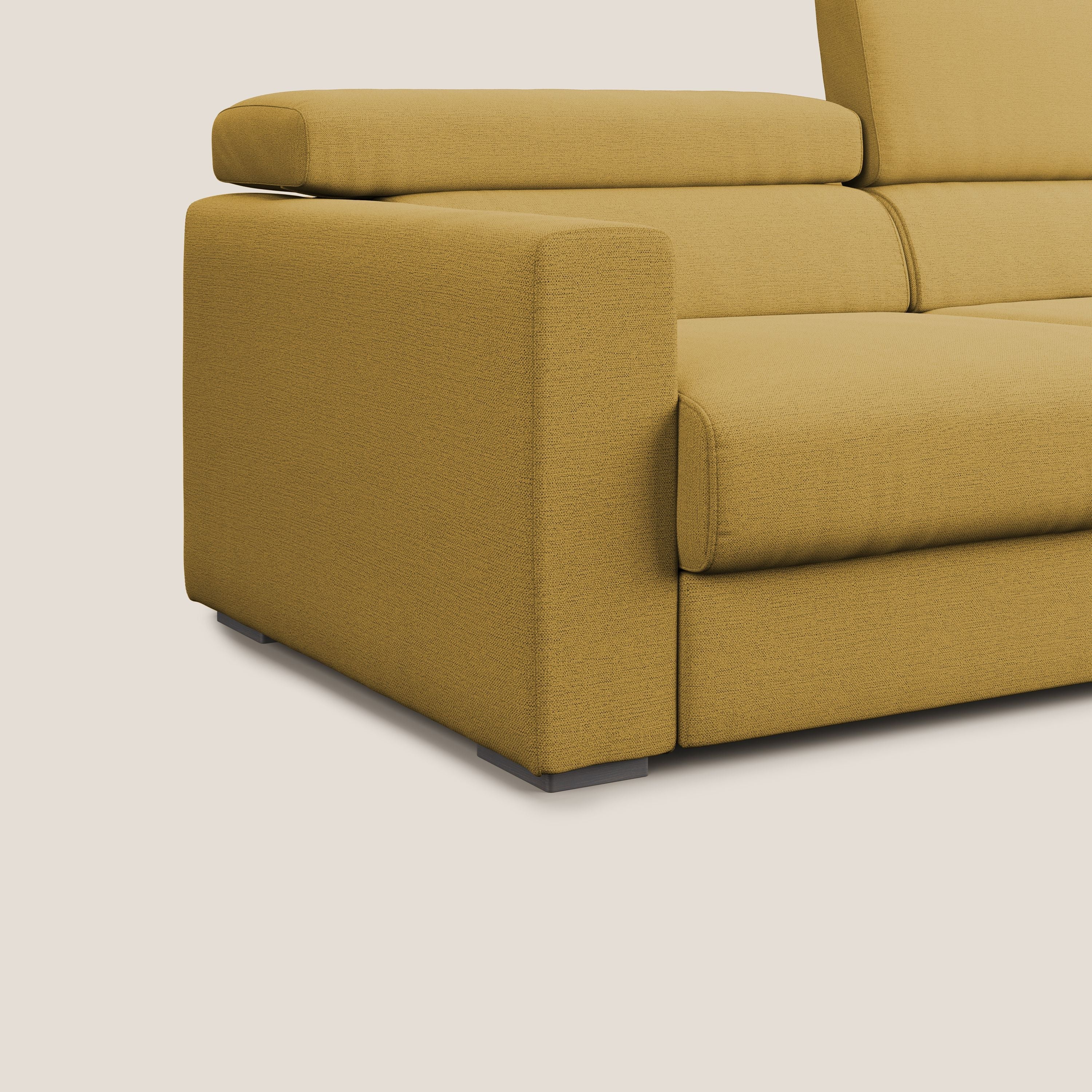 Dylan divano allungabile con pouf estraibile poggiapiedi in tessuto fiammato simil cotone impermeabile T19 giallo - divani.store