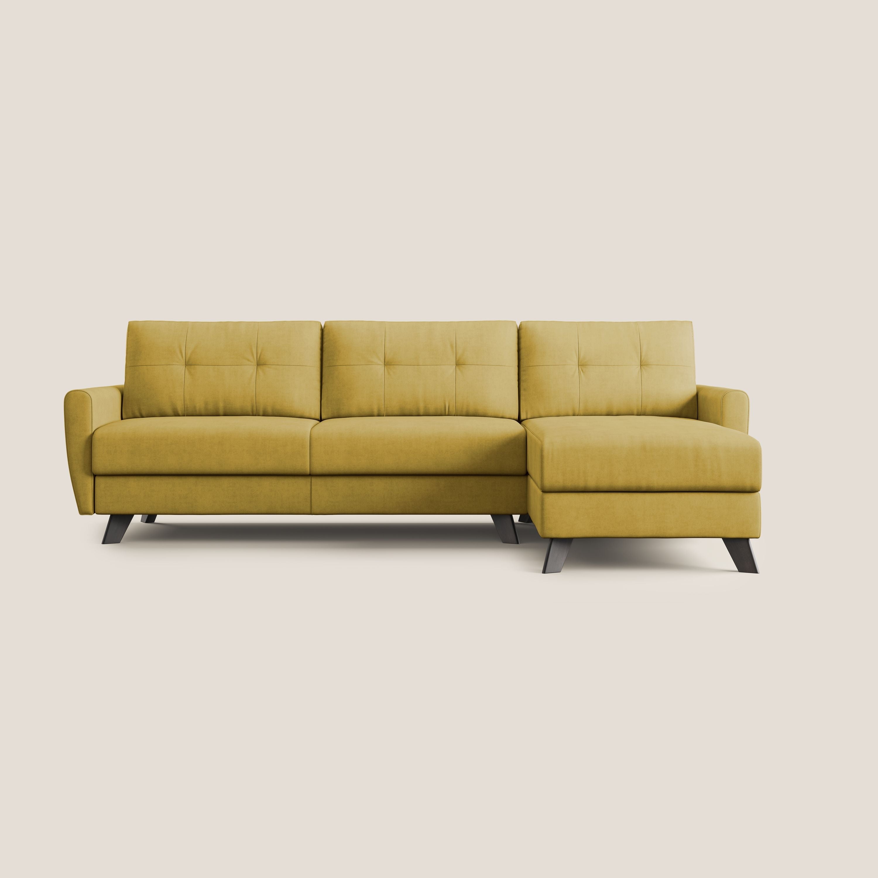 Callisto Divano letto angolare con penisola in tessuto morbido impermeabile T02 giallo - divani.store