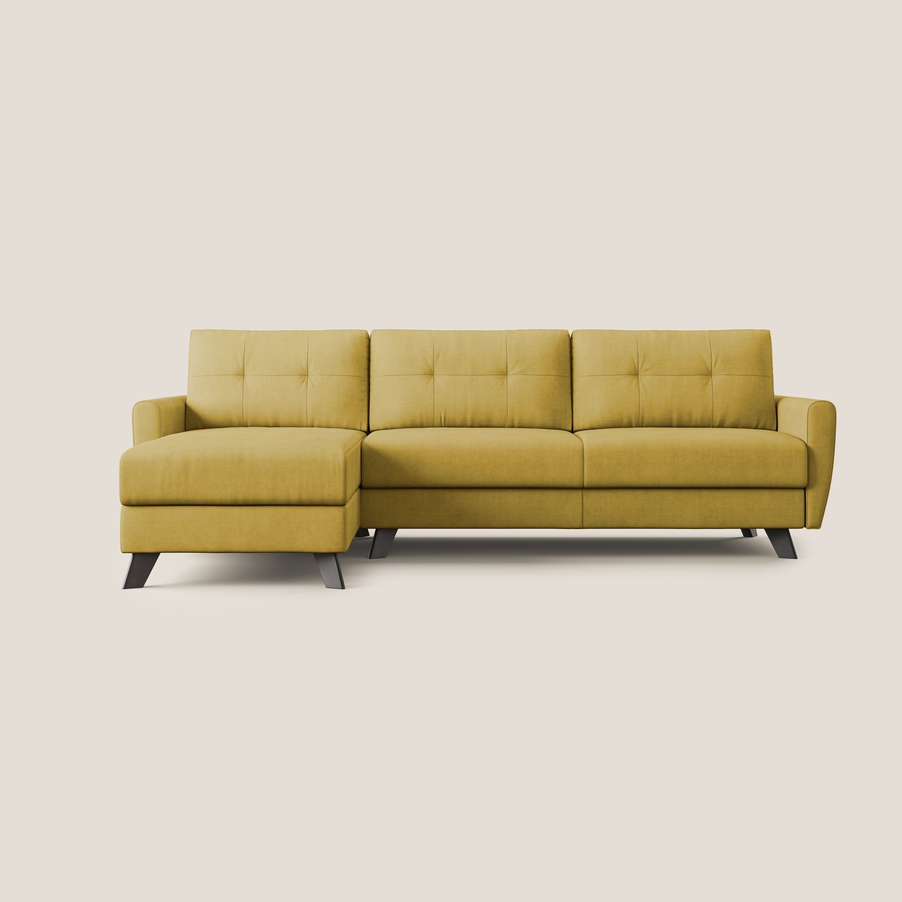 Callisto Divano letto angolare con penisola in tessuto morbido impermeabile T02 giallo - divani.store