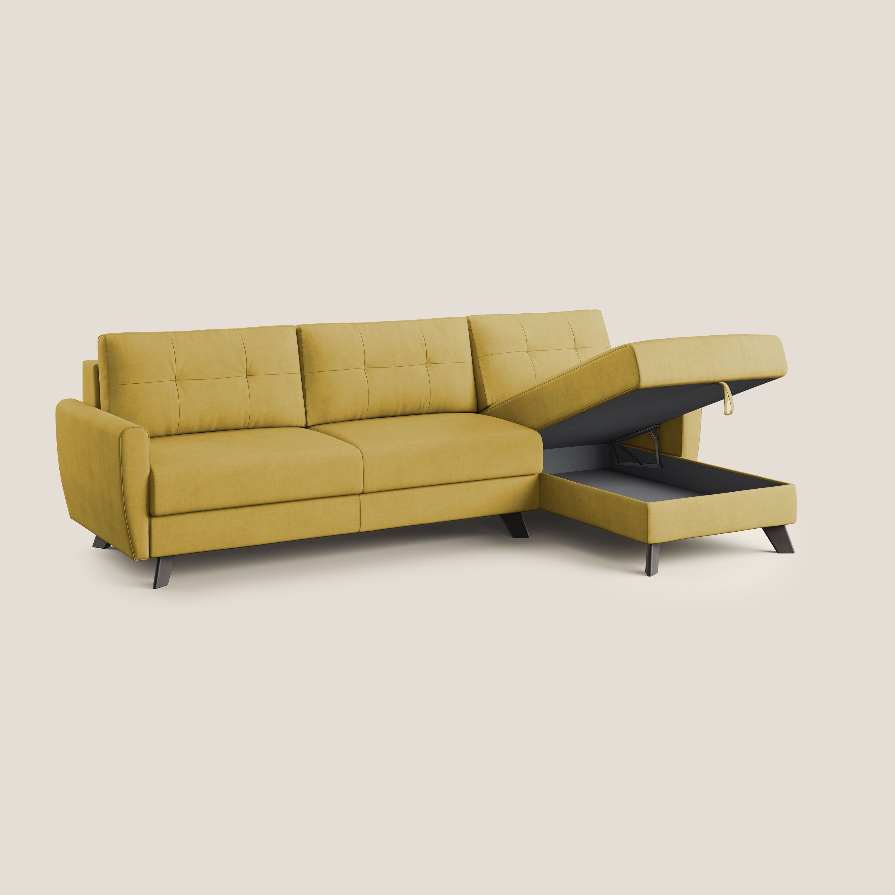 Callisto Divano letto angolare con penisola in tessuto morbido impermeabile T02 giallo - divani.store