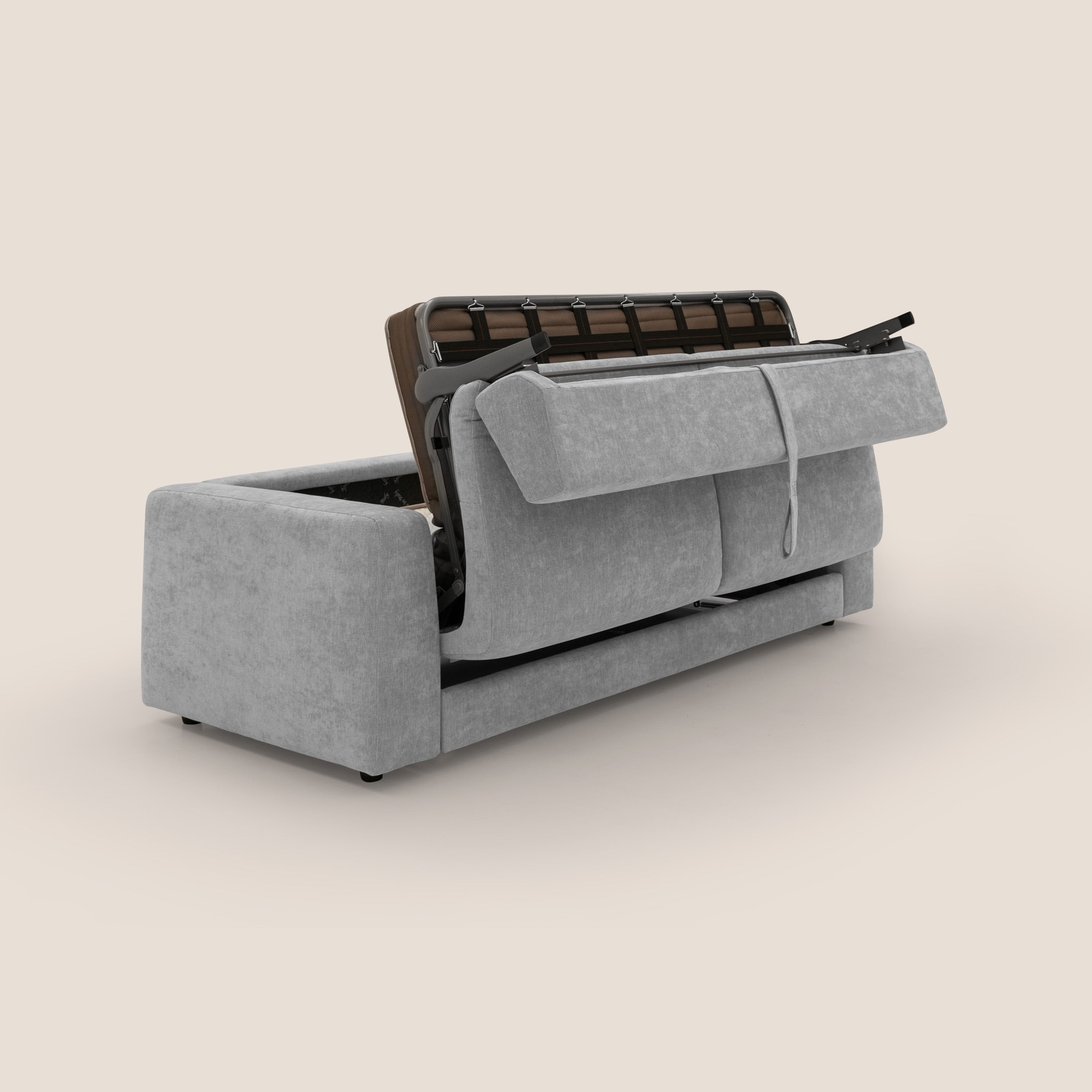 Freia Divano letto minimal materasso h15 cm con morbidi schienali in tessuto impermeabile T14 grigio chiaro - divani.store