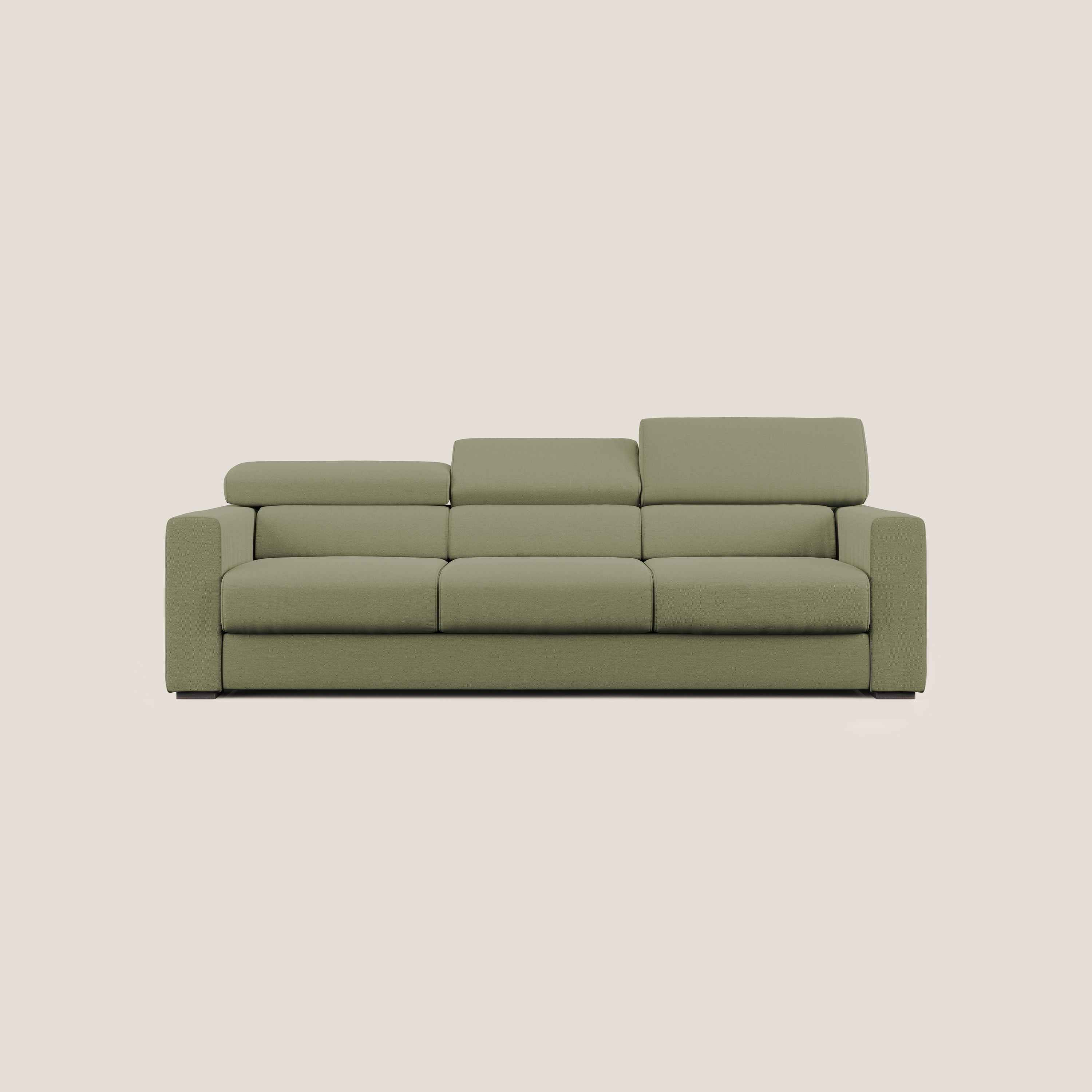 Dylan divano a 3 sedute con pouf estraibile poggiapiedi in tessuto fiammato simil cotone impermeabile T19 verde - divani.store