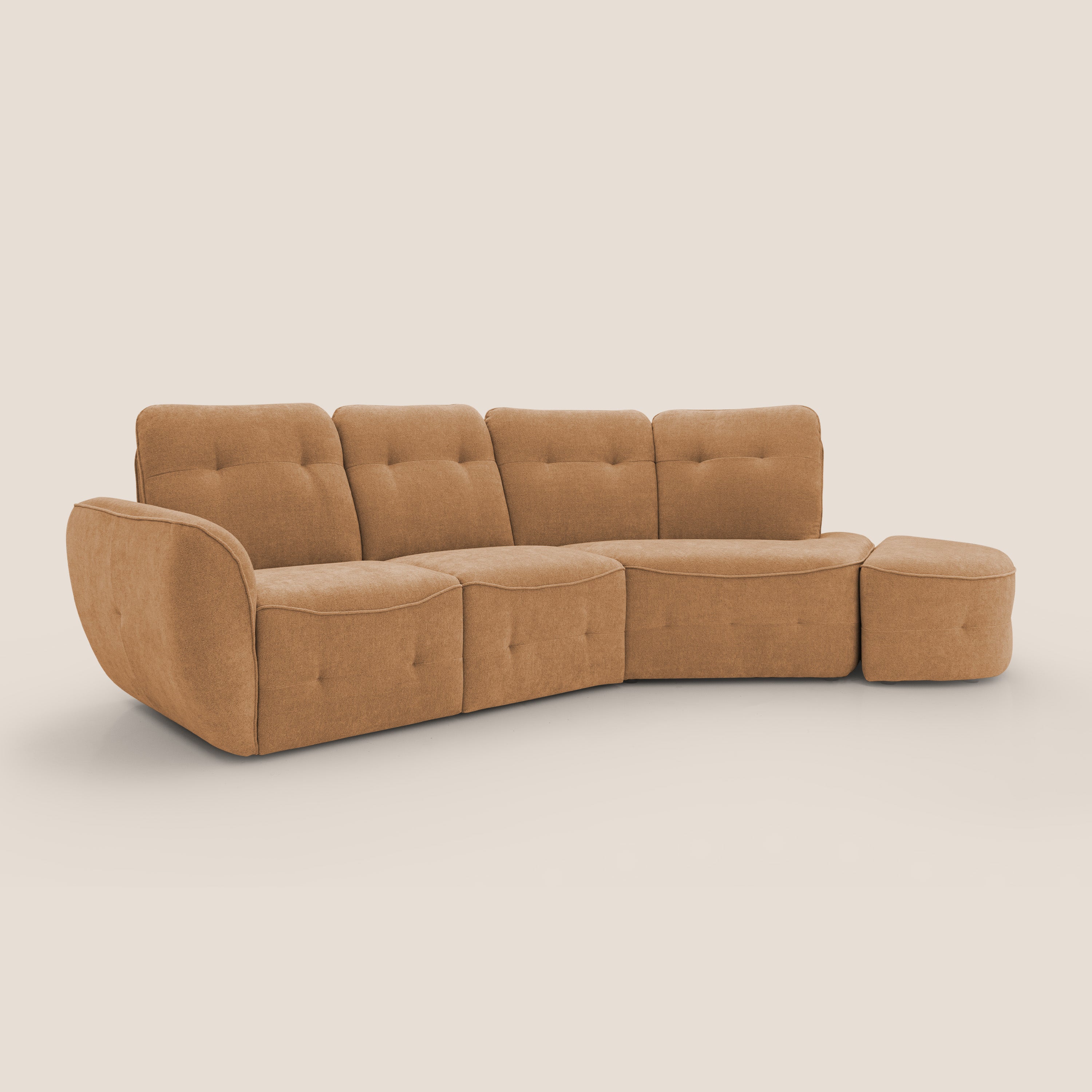 Cerbero divano angolare con pouf mobile in morbido bouclé impermeabile T07 arancio - divani.store