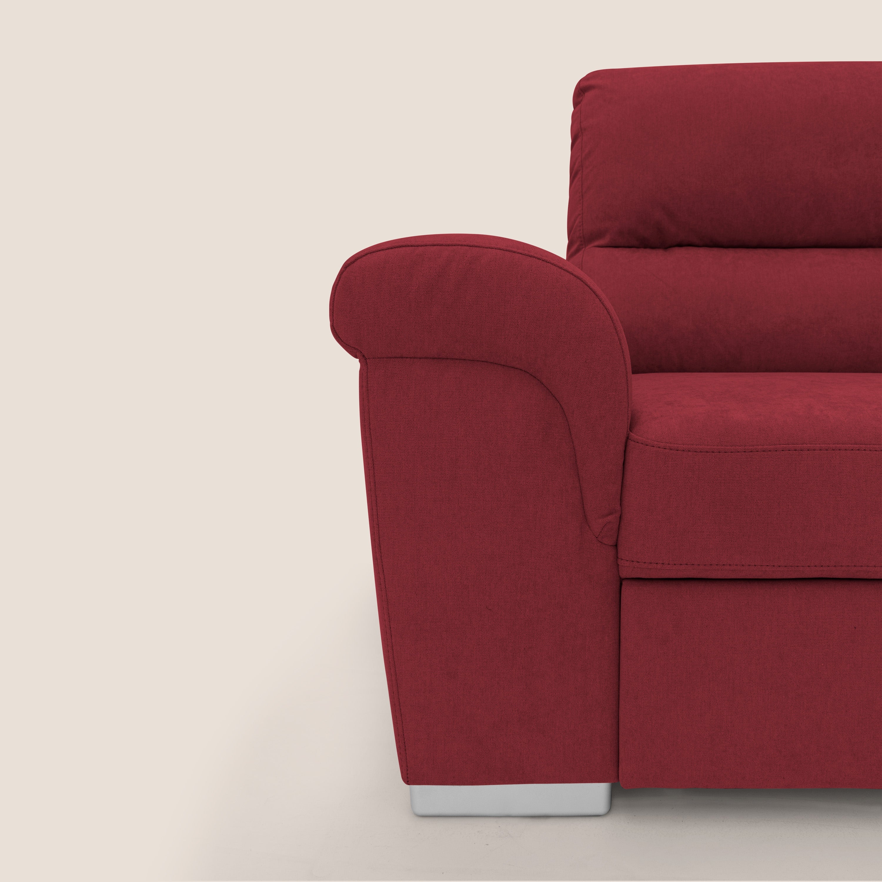 Minerva divano angolare con estraibile a cassettone e pouf contenitore in tessuto morbido impermeabile T02 rosso - divani.store