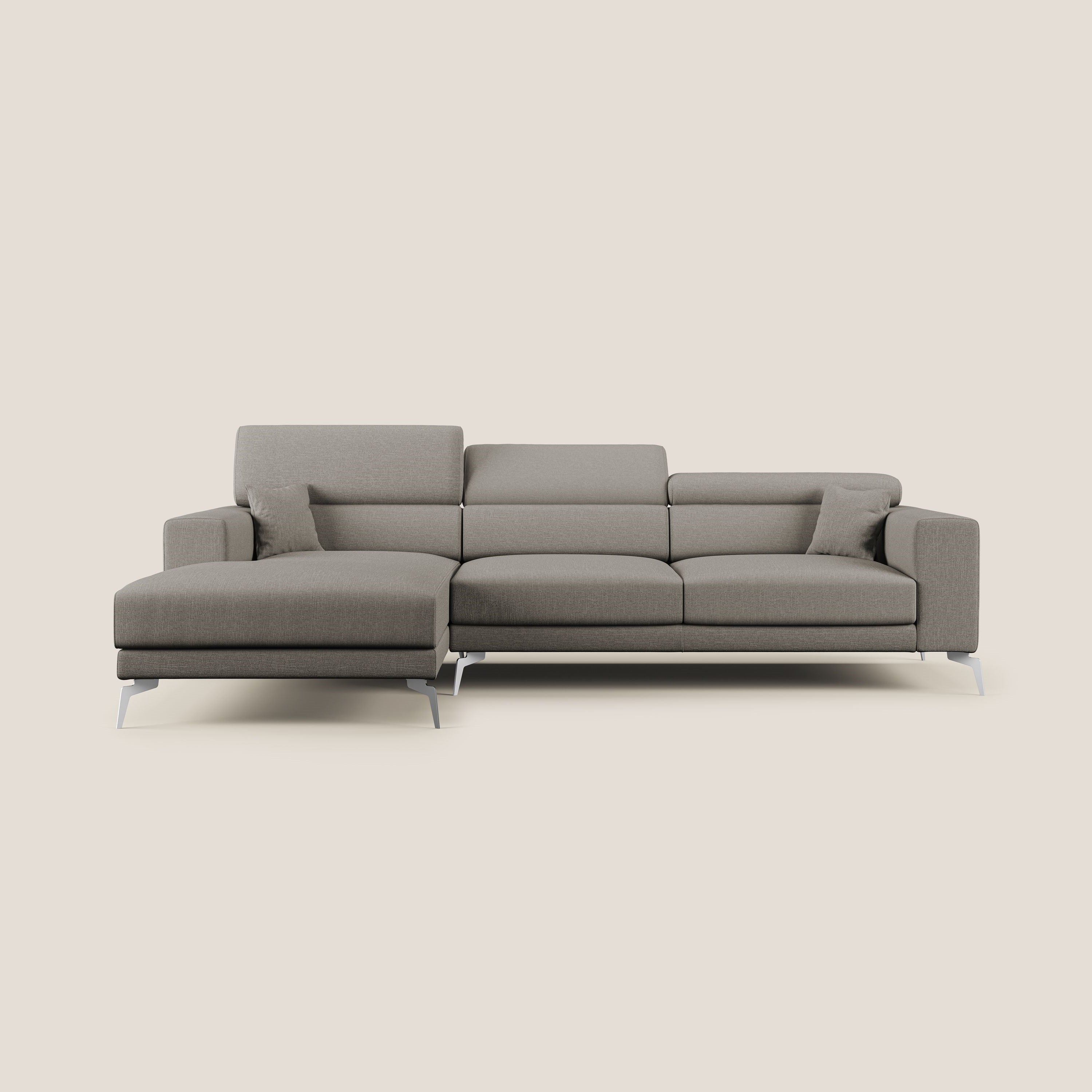 Blade Divano moderno angolare con poggiatesta reclinabili in tessuto impermeabile simil-cotone T13 tortora - divani.store