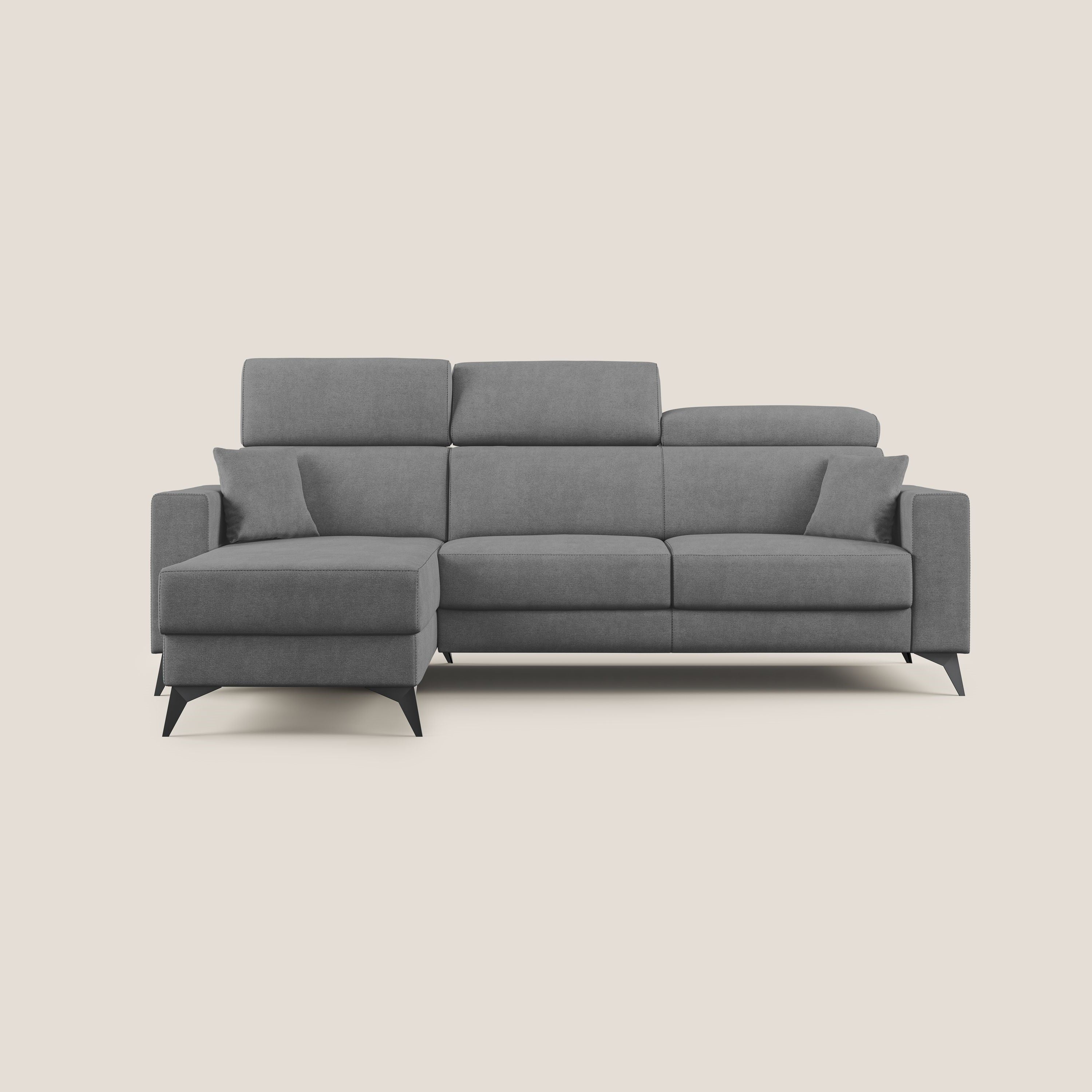 Pegaso divano letto angolare con poggiatesta reclinabili e rivestimento impermeabile T02 grigio - divani.store