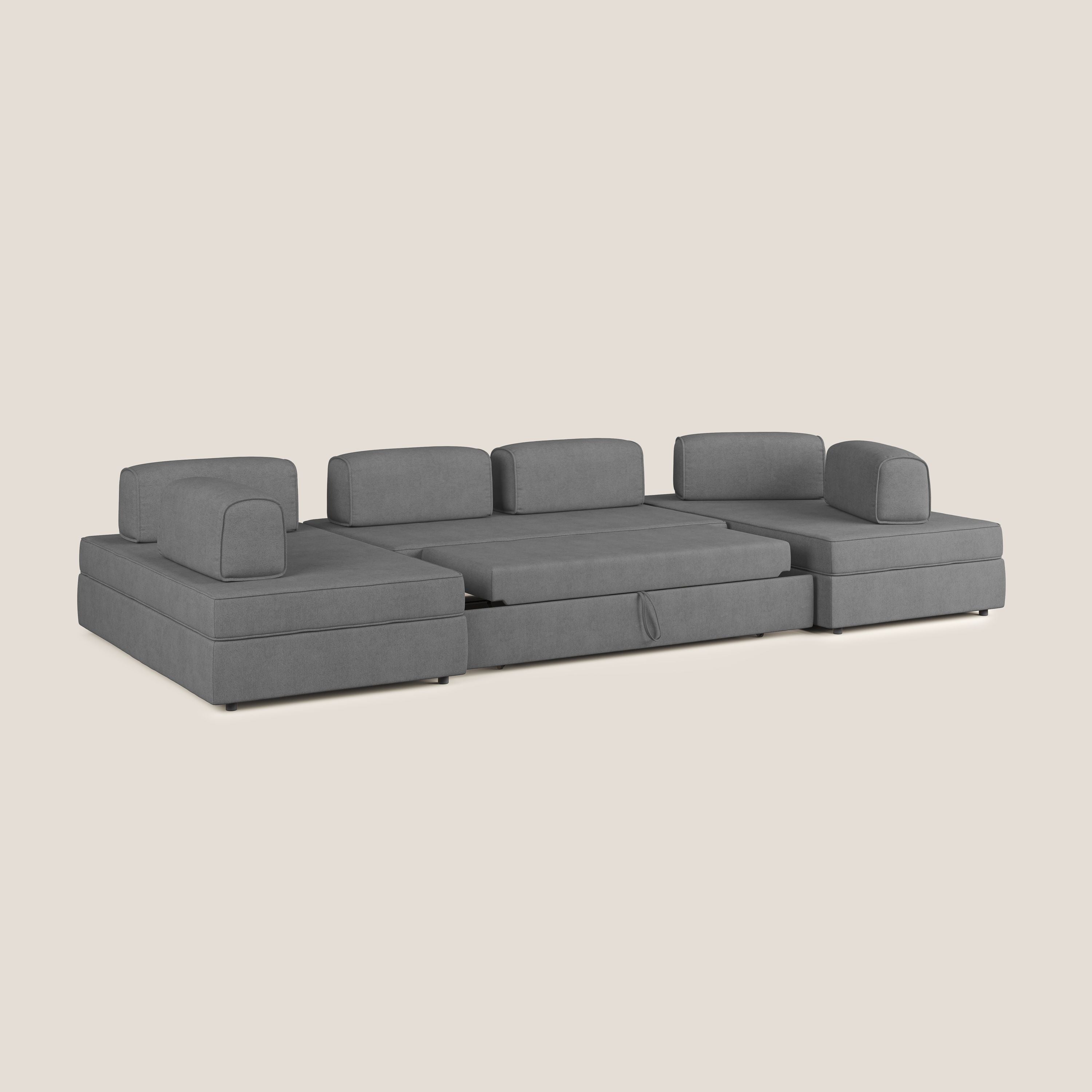 Liberty divano panoramico con pouf estraibile e schienali movibili in tessuto morbido impermeabile T02 grigio - divani.store